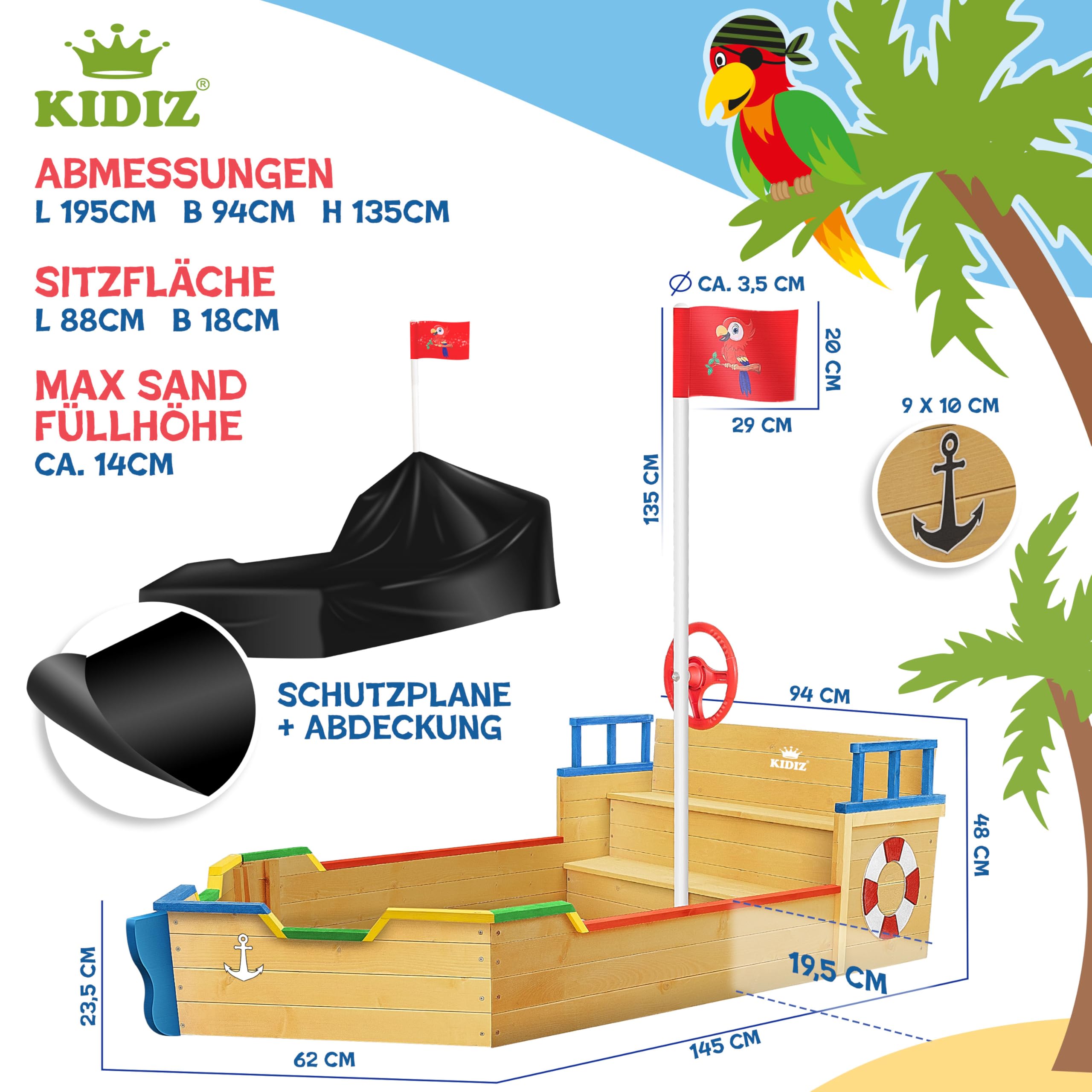 KIDIZ® arenero niños Ahoi, Barco Pirata, Barco de Vela de Madera, Incluye Cubierta, Cubierta de Suelo, Banco, asta de Bandera, Colorido