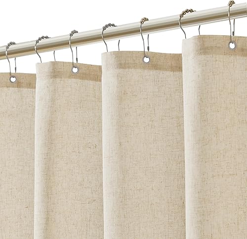 Miniatura 9 de Cortina de ducha de lino natural con 12 ganchos de metal, moderna, bohemia, neutra, gruesa, impermeable, decoración de baño, cortina de ducha beige