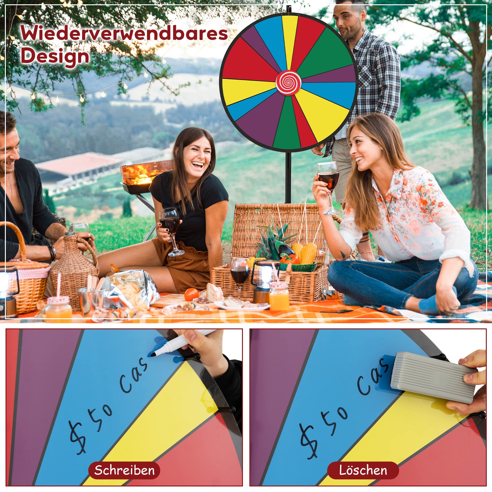 GOPLUS 30 Zoll Glücksrad mit höhenverstellbarem Metallboden, inkl. Radiergummi und Markierstift，Drehrad Preisrad für Lotteriespiele und Partyspiel, für Kinder und Erwachsenen, bunt (30")