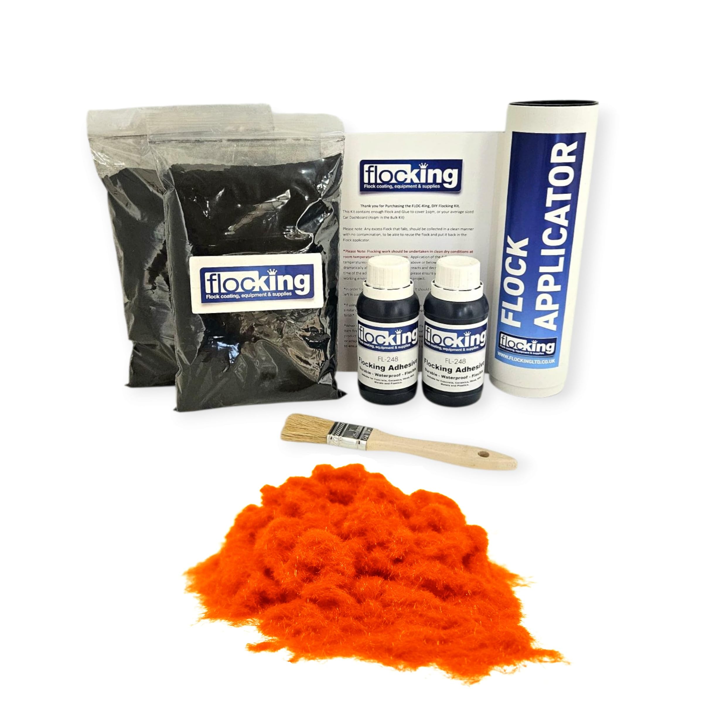 FLOC-KING Professional Twin Flocking Kit (Fluorescent Orange) – 2sqm Coverage – DIY Dash Flocking Fibres & High-Strength Specialised Adhesive for Car Interior Restoration, Dashboards & Crafts — image 1