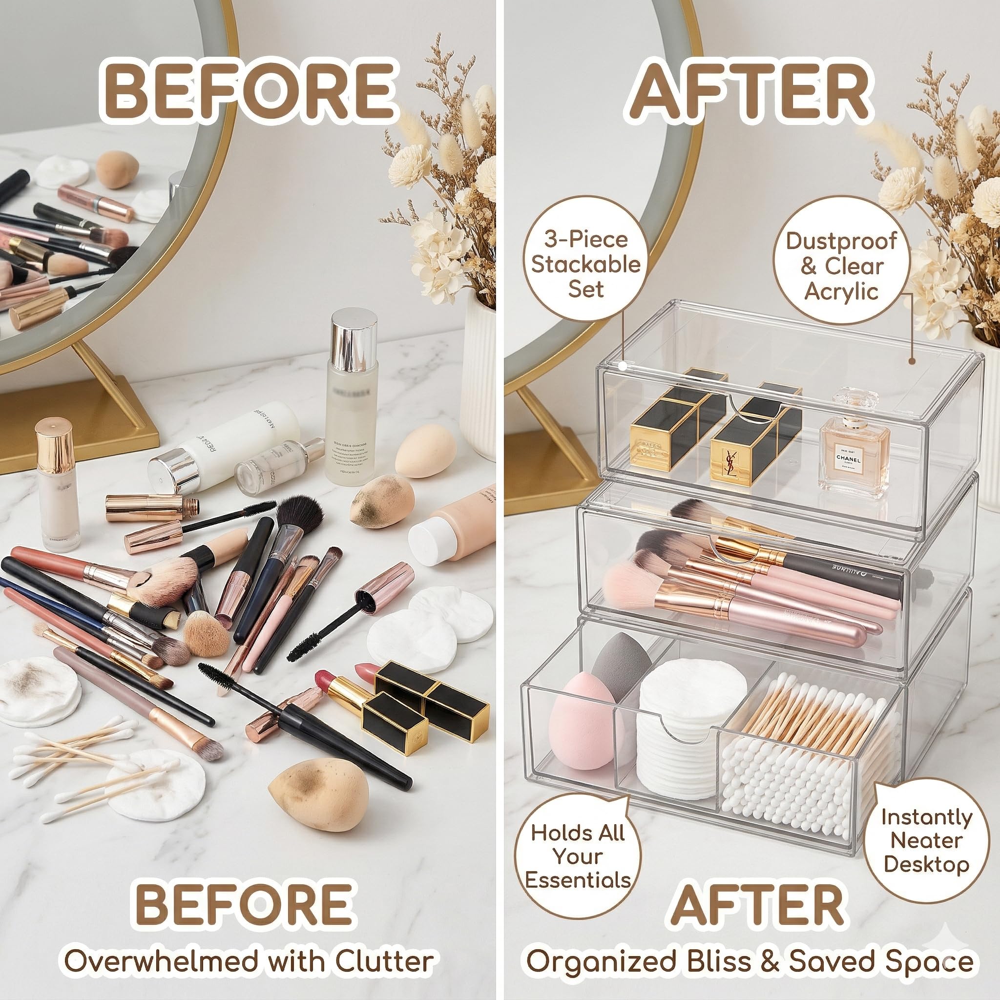 ALINK Badezimmer Organizer Mini mit Schubladen 3 Set, aus Acrylic stapelbar Transparent,für Kommode Waschtisch Badezimmer Spiegelschrank innen