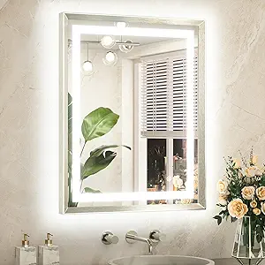 TETOTE 24 x 30 Large Bathroom Mirror Brushed Bright Nickel Metal Frame Frontlit & Backlit Vanity Mirror 3 Colors White/Warm/Natural Stepless Dimmable Anti-Fog Bathroom Mirrors for Vanity Wall-Mounted