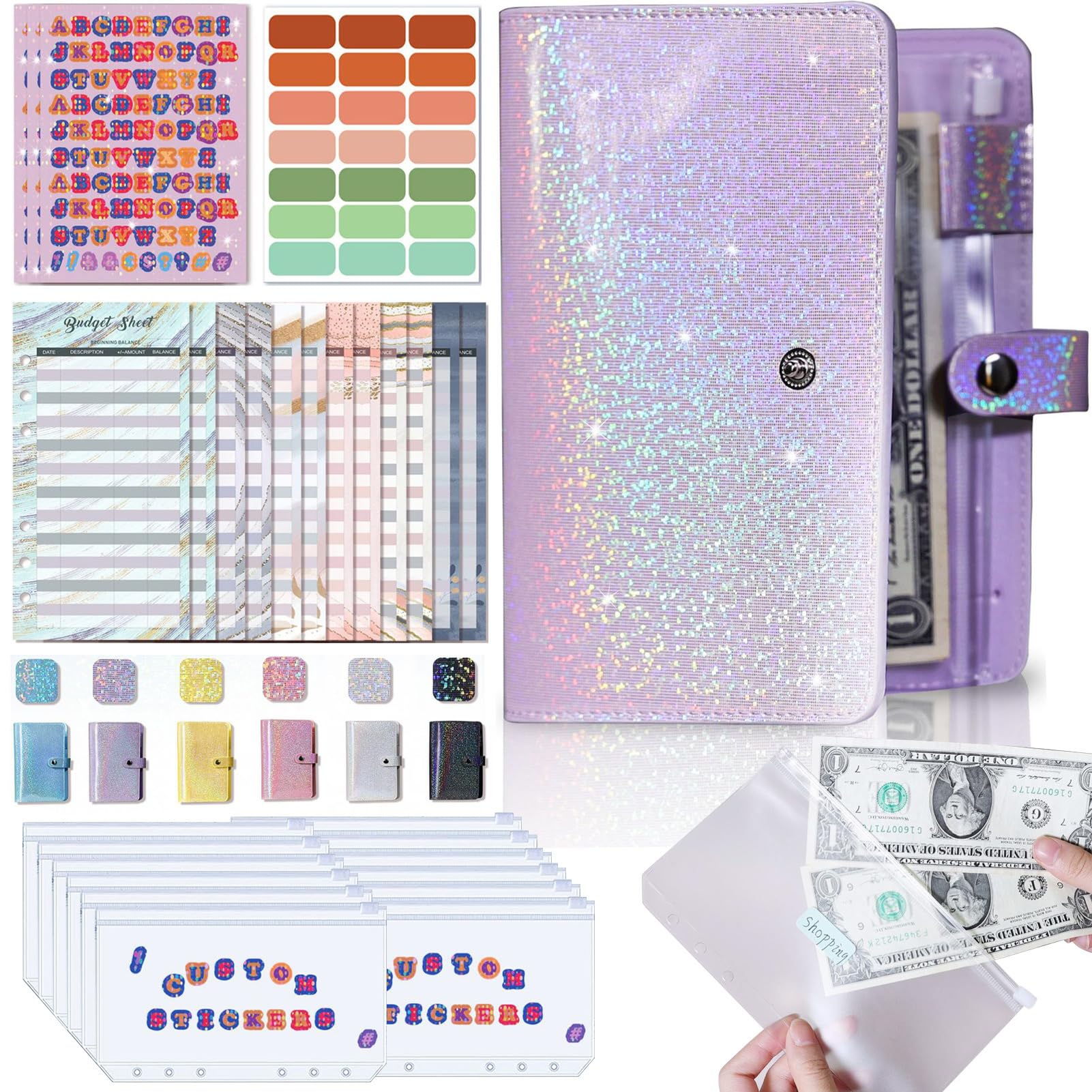 Money Management Binder Kit - A6 Budget Planner, Cash Saving Folder | PU Loose Leaf Organiser Covers the Storage Book for Personal Financial Offices Classroom School Budget Tasks Use