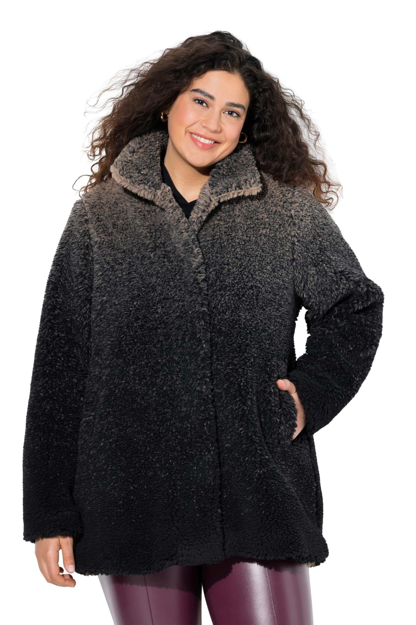 Ulla Popken Damen große Größen Übergrößen Plus Size Teddymantel, Farbverlauf, Stehkragen, Druckknöpfe 840383