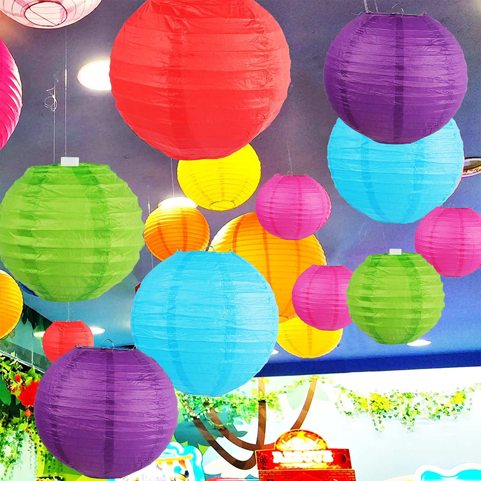 16 Lanterne Di Carta Colorate Cinesi/giapponesi - Dimensioni Assortite Da 7,6 A 25,4 Cm, Con 5m Di Nastro, Per Decorazioni Festa, Matrimoni, Casa, Aula, Multicolore