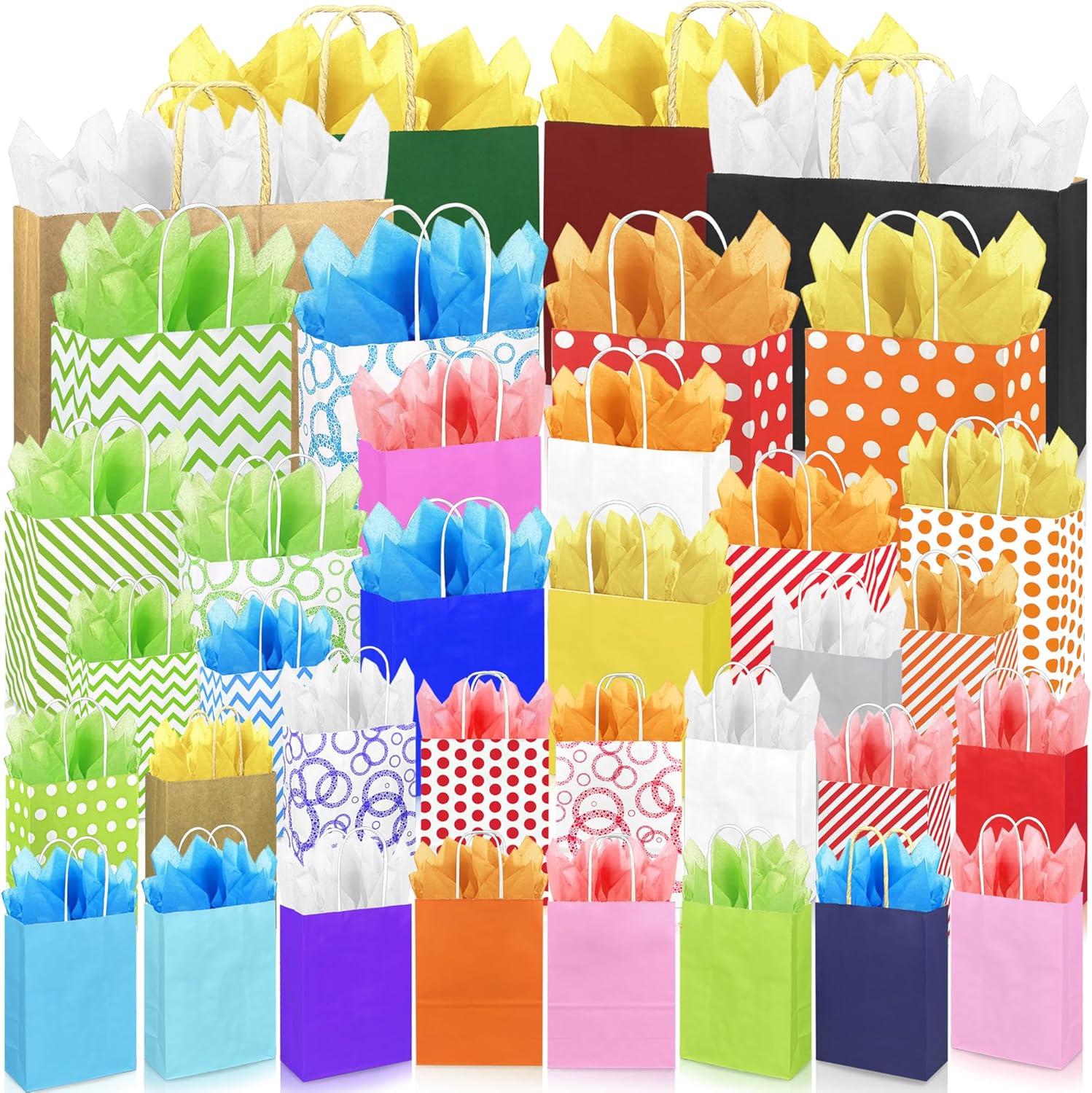 KEEPARTY 72 PCS Assorted Sizes Gift Bags 36 Gift Bags 4 Sizes 36 Tissue Papers 6 Color Bulk Perfect for Weddings Partie and Holidays 4 Sizes and Multiple Colors Available