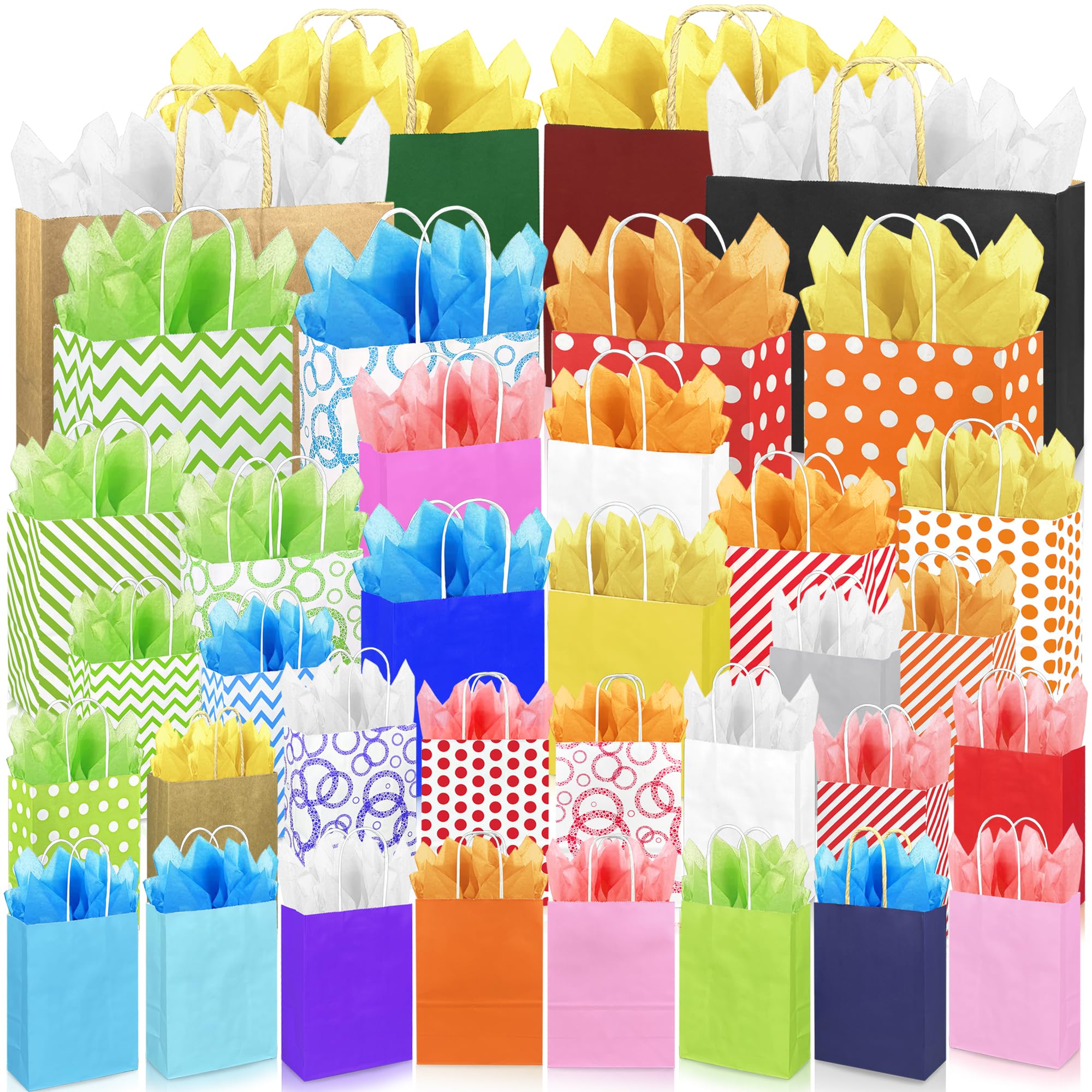 KEEPARTY 72 bolsas de regalo de varios tamaños, 36 bolsas de regalo, 4 tamaños, 36 papeles de seda, 6 colores a granel, perfectas para bodas, fiestas y vacaciones, 4 tamaños y varios colores