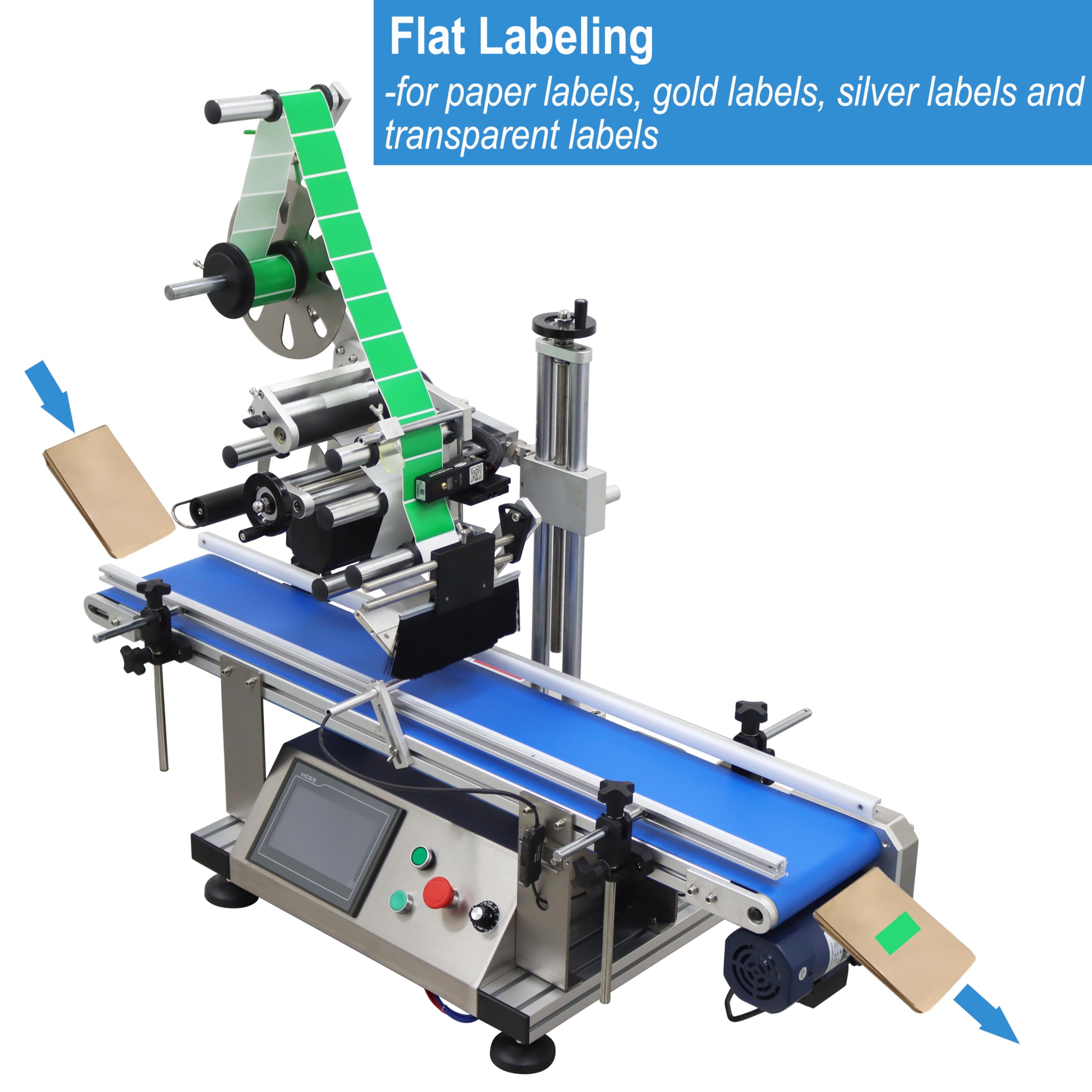 TECHTONGDA Automatic Flat Labeling Machine with Conveyor Label Tape Label Dispenser for Paper Label Gold Label Silver Label Transparent Label Object Height Within 7.8inch
