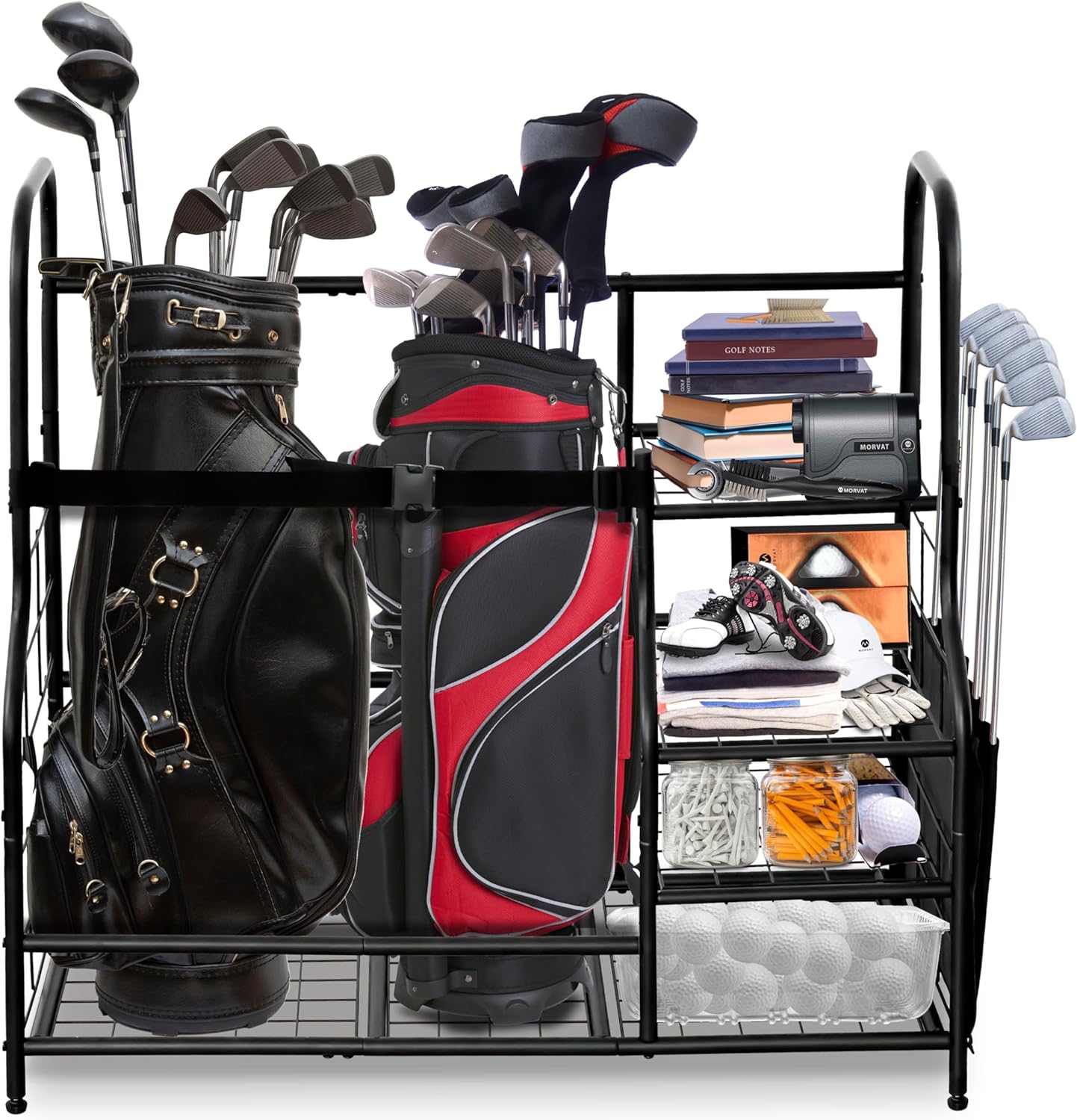 Morvat Golf Storage Bag Organizer, Fits Two Golf Bags, Metal Durable Rack Stand for Golfing Equipment, Golf Balls & Accessories, for Home, Garage, Basement, Shed (Style 2)