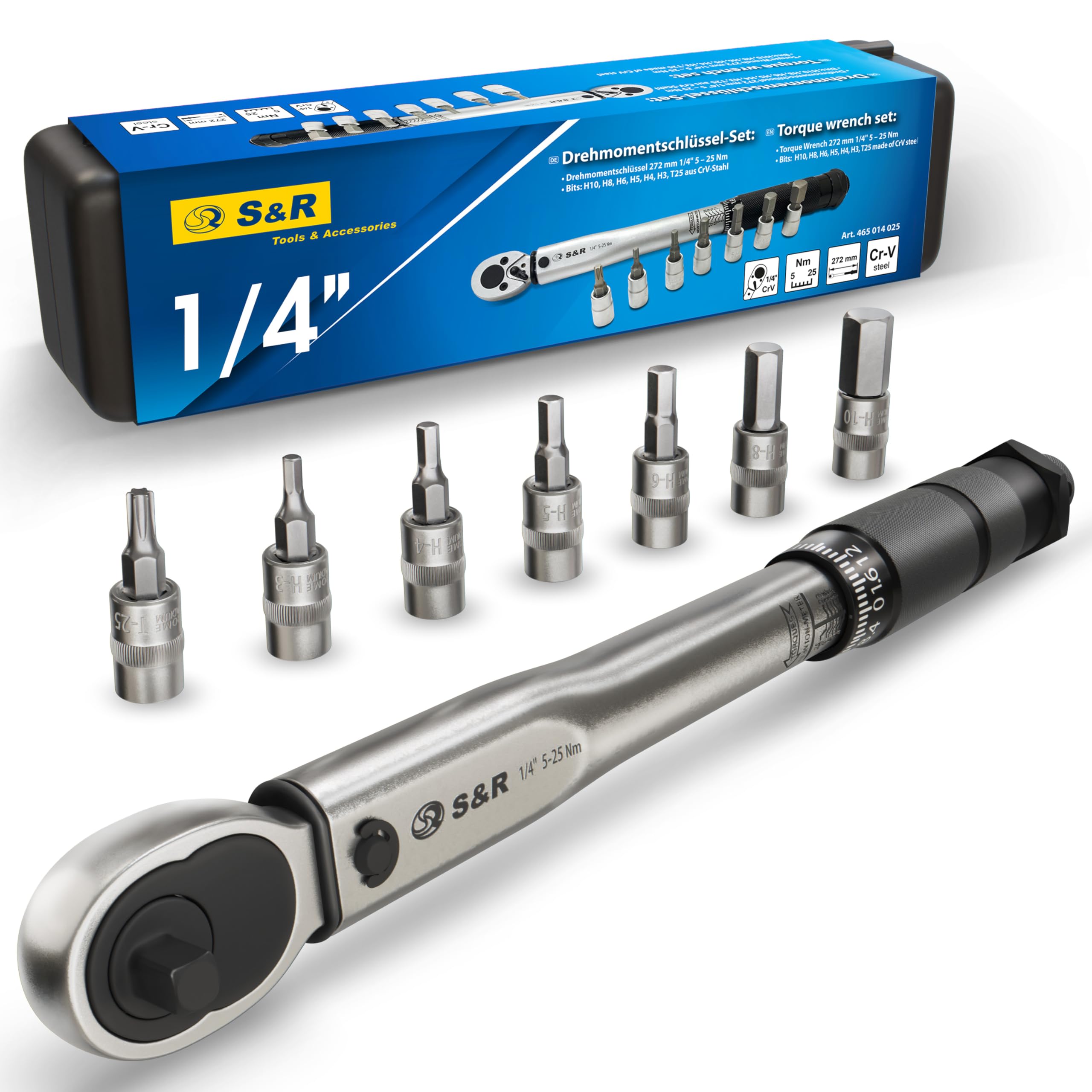 S&R 1/4 Zoll Drehmomentschlüssel Fahrrad und Motorrad Set: 5-25 Nm, Cr-V-Stahl, 7 Bits H10-H3, T25, Rostfrei, mechanische Ratsche mit Grob-Feinjustierung, bruchfest, rutschfester Griff