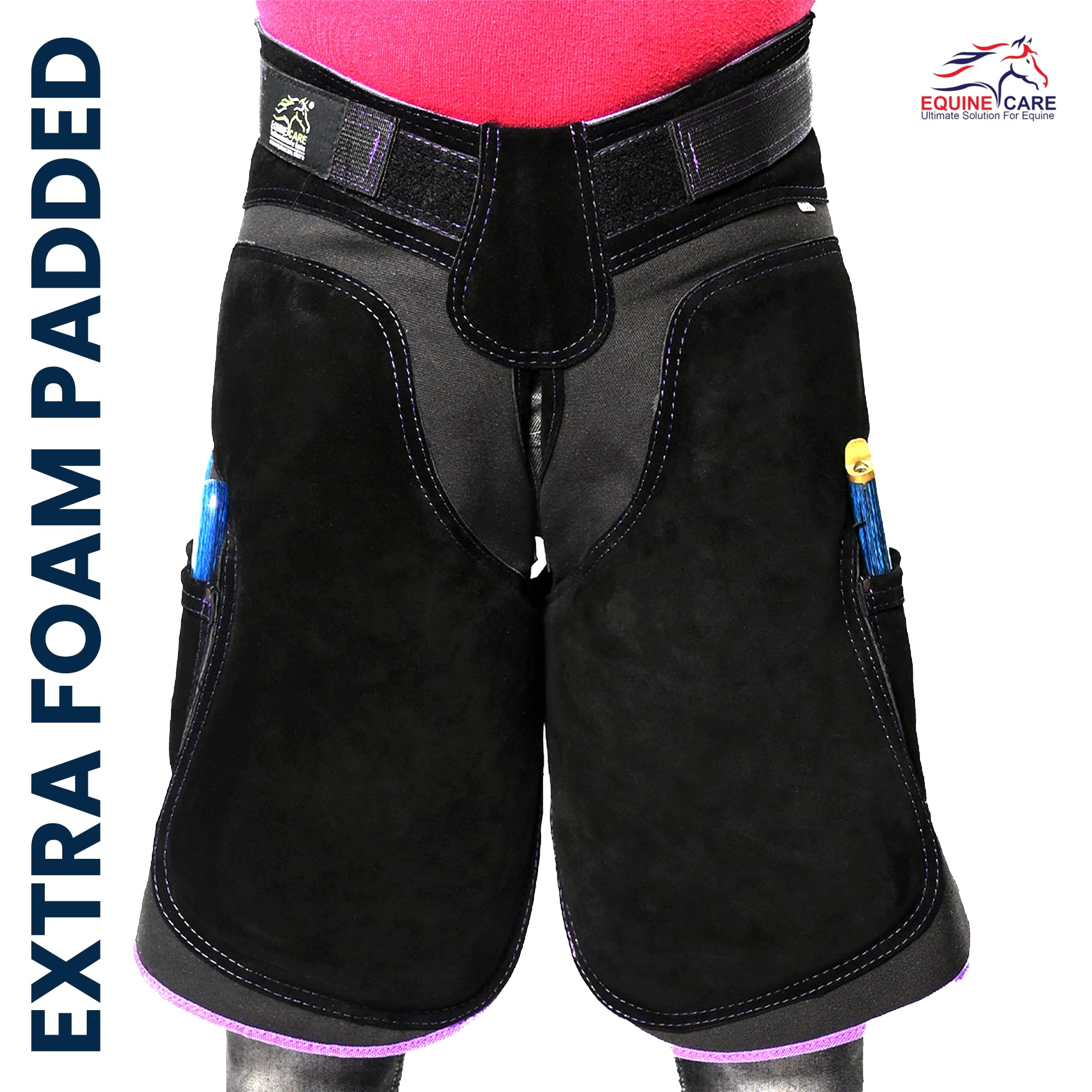Equine Care Fartuch damski Farrier 23″ - skóra i płótno, regulowana talia 28-52″, wyściełane kolana EVA, podparcie lędźwiowe, 4 kieszenie na noże i magnesy na paznokcie do przycinania kopyt (czarny z