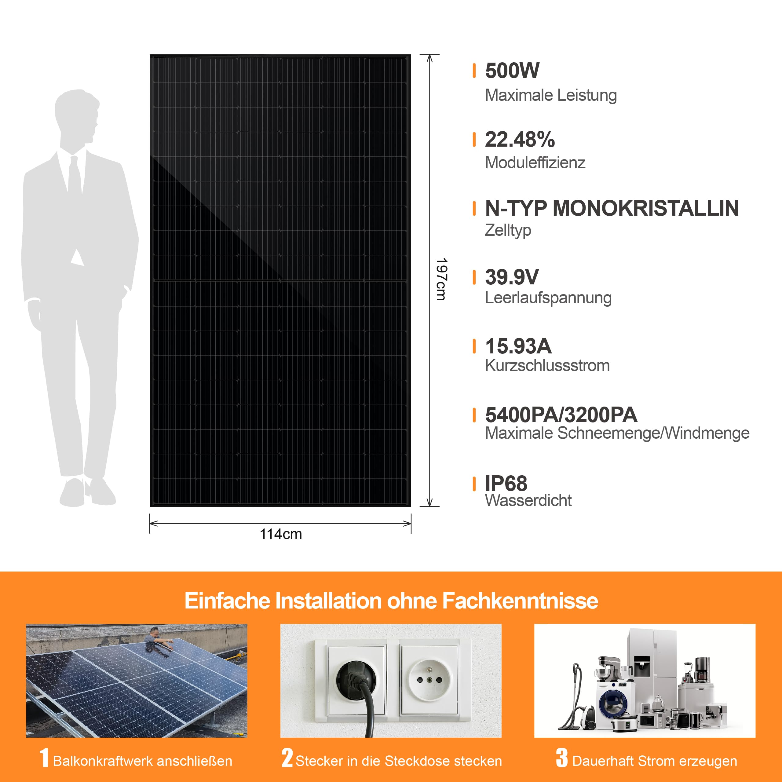 SAKETE Solarmodul 1000W – N-Typ Full Black Solarpanel mit Halbzellen-Technologie, geeignet für Balkonkraftwerk, 500W PV Panel 2er