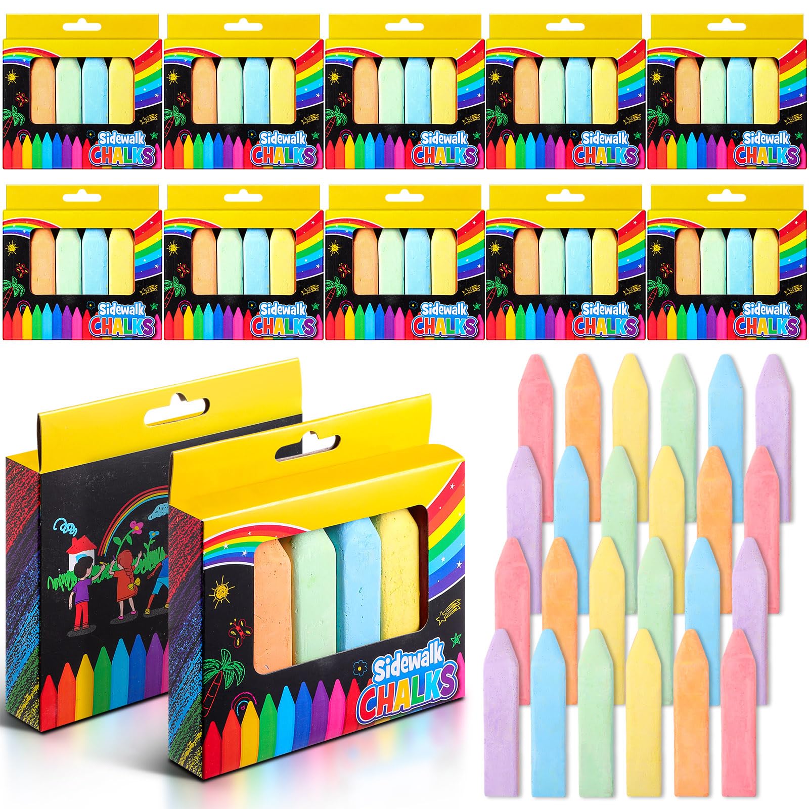 144 Pcs/24 Pack Jumbo Sidewalk Chalks Set, 6 Colors, Non-toxic Washable Colored Driveway Outdoor Sidewalk Chalk Easter Basket Summer End of Year Gift
