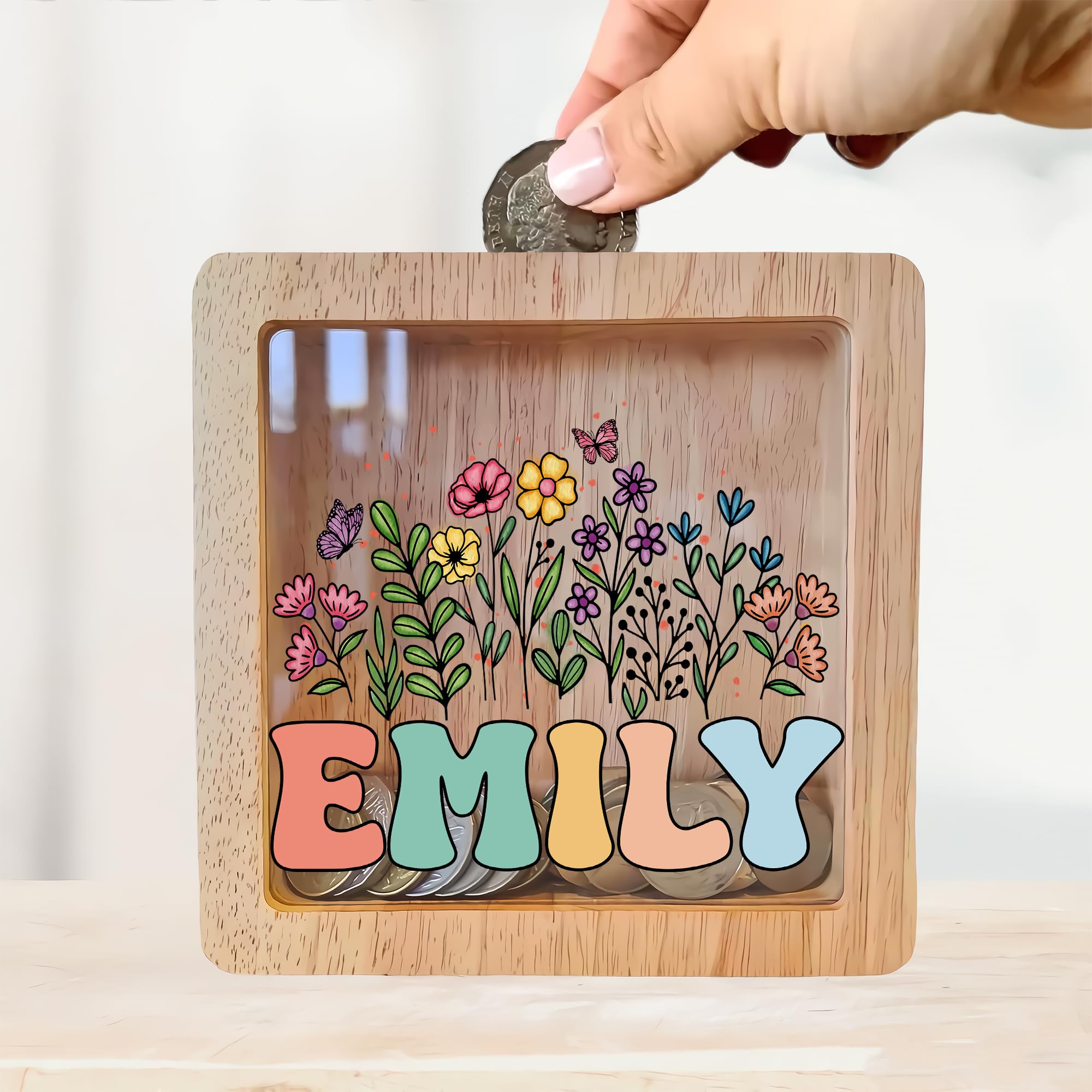 Personalized Piggy Bank, 6.7"x6.7" Wooden Money Banks for Kids, Custom Gifts for Boys and Girls, Personalized Piggy Bank for Girls
