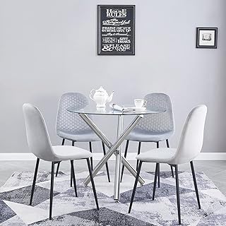 Dining Table and Chairs Set 4, Modern Round Glass Kitchen Table and 4 Chairs - Dining Table and Chairs for Home, Restaurant and Café (90cm table & 4 velvet chairs, Silver/Grey)