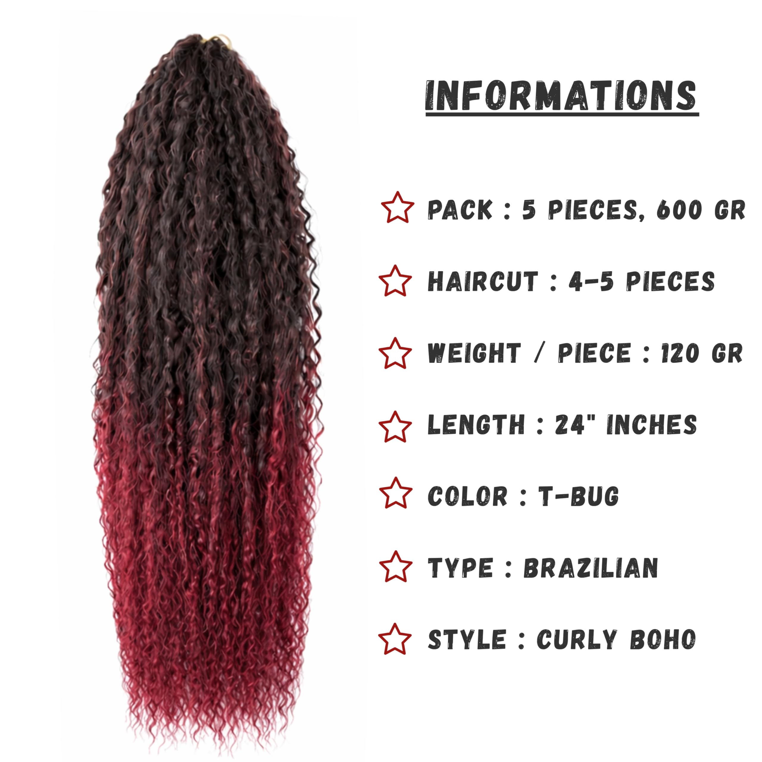 Brazilian Curly Hair Boho - extension per trecce a crochet capelli dall’ aspetto naturale - Kanekalon Premium 600 grammi divisi in 5 pezzi + cuffia da notte in raso in omaggio (T-BUG, 60cm 24")