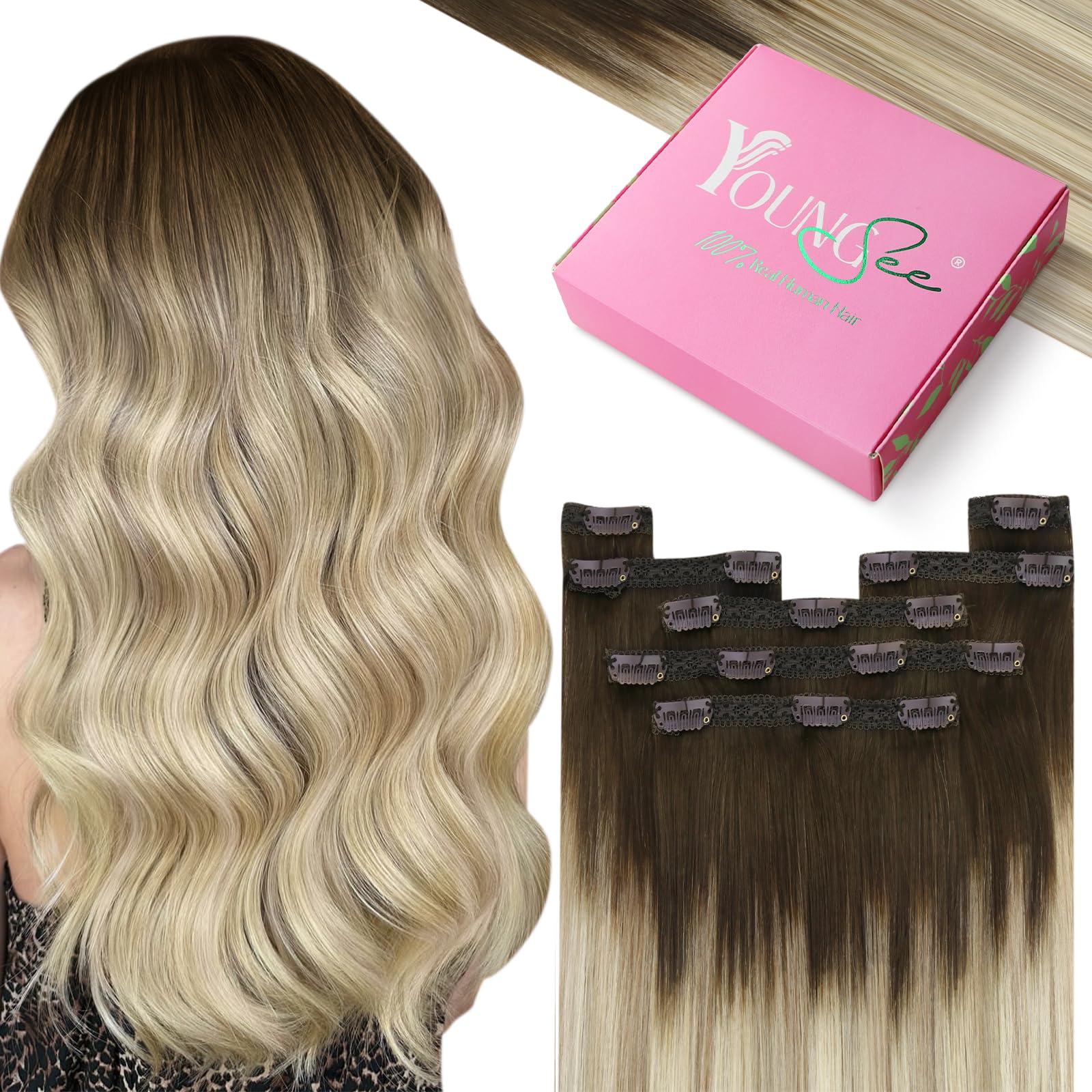 YoungSee Human Hair Clip in Extensions 18inch Dark Root Clip in Human Hair Extension Ombre Dark Brown to Brown with Blonde Balayage Human Clip in Hair Extensions for First-Time Users 120g Stylish 7pcs