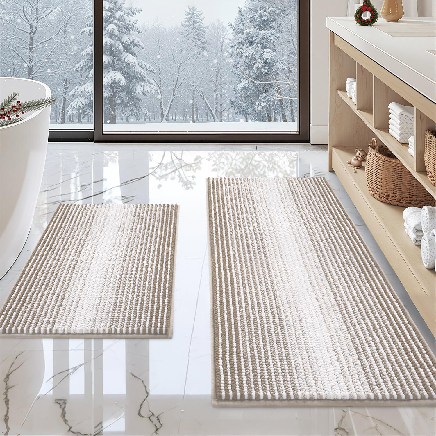 BSICPRO Bathroom Rugs and Mats Sets, 2 Piece Thick Absorbent Chenille Non Slip, Soft Shaggy Floor Mats, Machine Washable (Light Taupe, 20" x 47" Plus