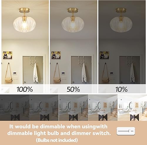 Miniatura 8 de Lámpara de techo semiempotrada dorada, lámpara de techo vintage, lámpara de techo vintage con globo de vidrio texturizado de mediados de siglo,