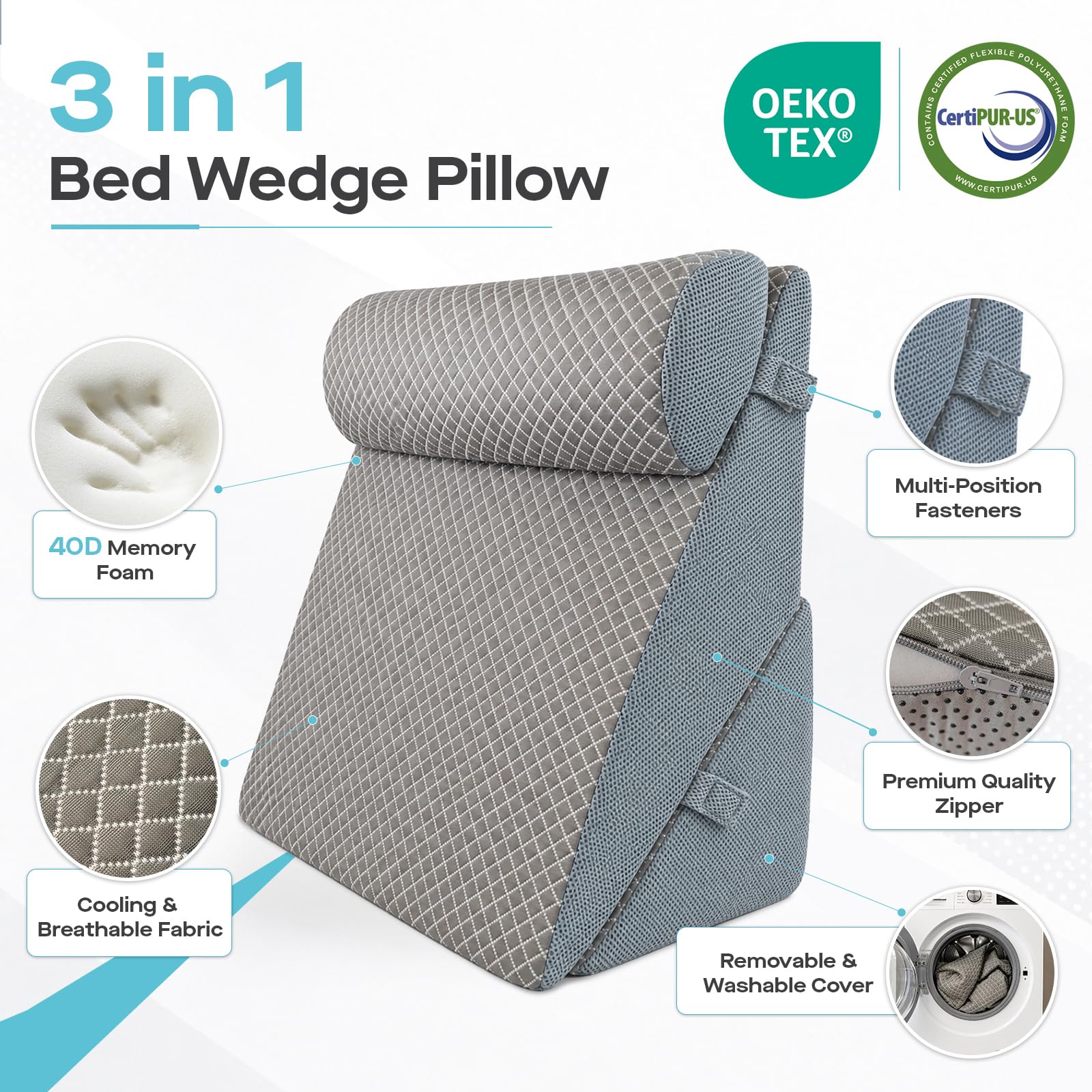 Agrish Almohada cuña refrescante para Adultos | Almohada cuña 3 en 1 de espuma viscoelástica, almohada inclinada para dormir, soporte lumbar para sentarse en la cama