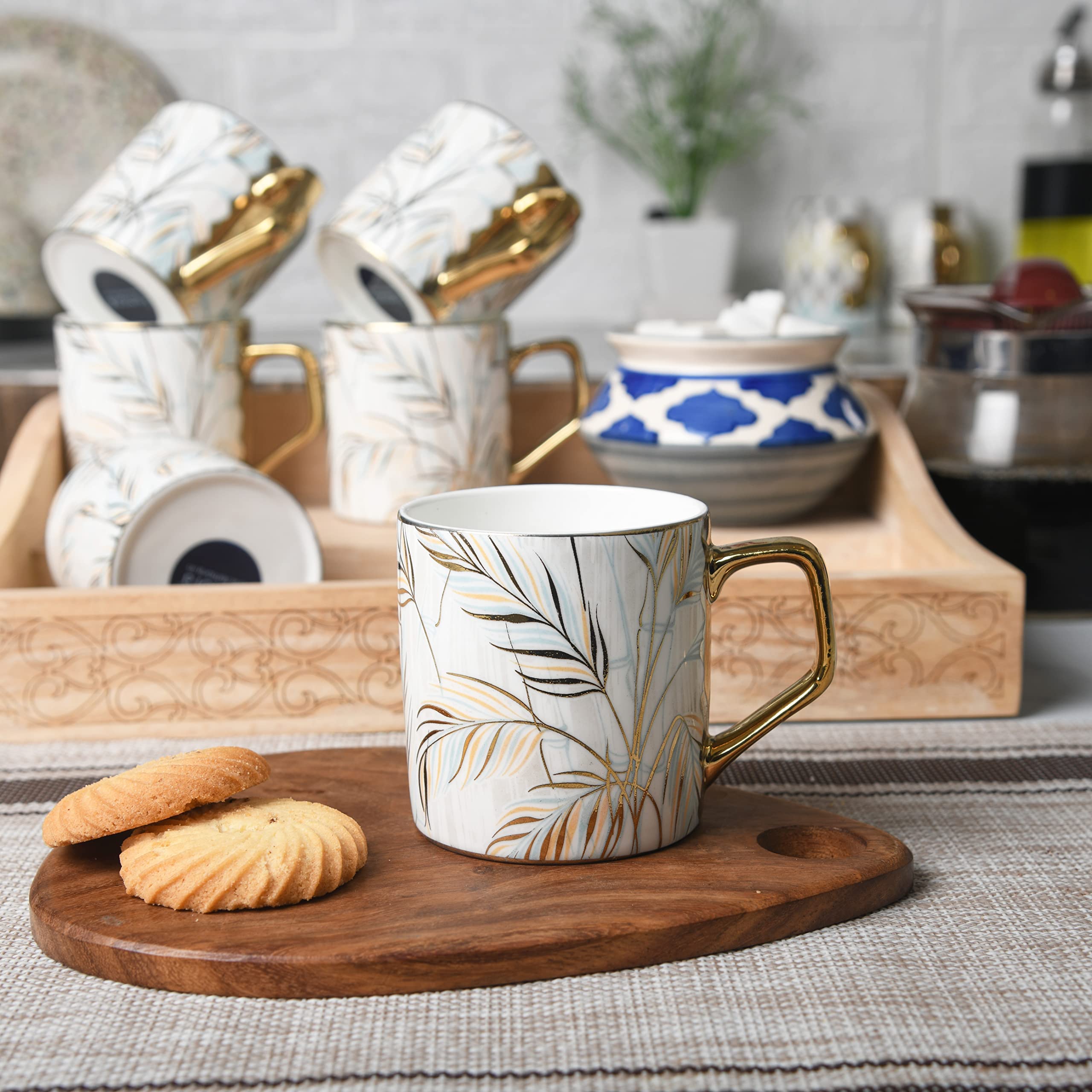 Femora Handcrafted Ceramic Coffee Mugs Indian Golden Tea Cups Set of 6 (6 oz), Cappuccino Cups, Coffee Cups, White Tea Cup Set, British Coffee Cups, Porcelain Tea Set, Latte Cups, Espresso Mug.