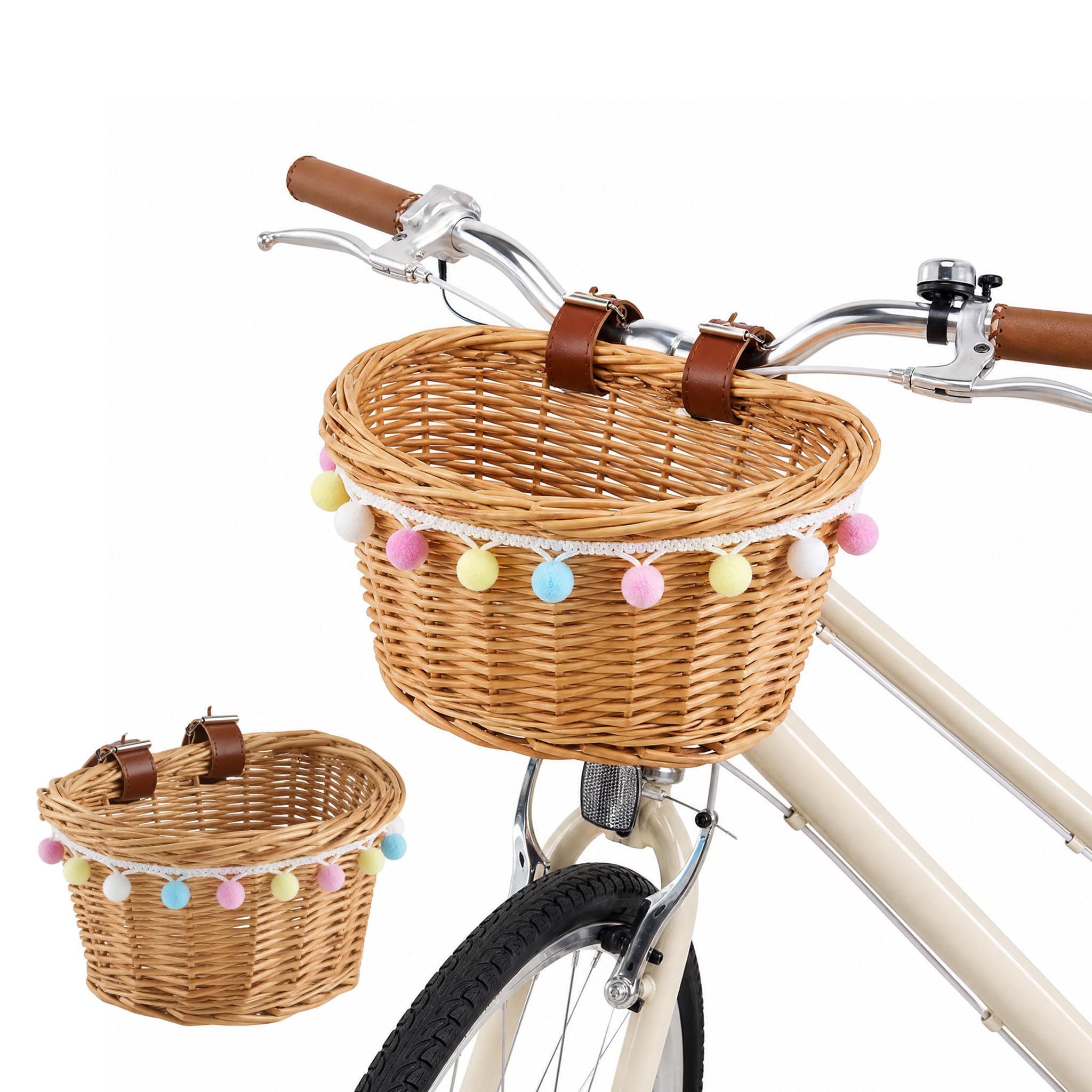 Fahrradkorb Kinder, Fahrradkorb Geflochten für Kinder Vorne, Handmade, mit Lederriemen, Abnehmbar Stabil und Dekorativ, Fahrrad Zubehör, Fahrrad Korb 