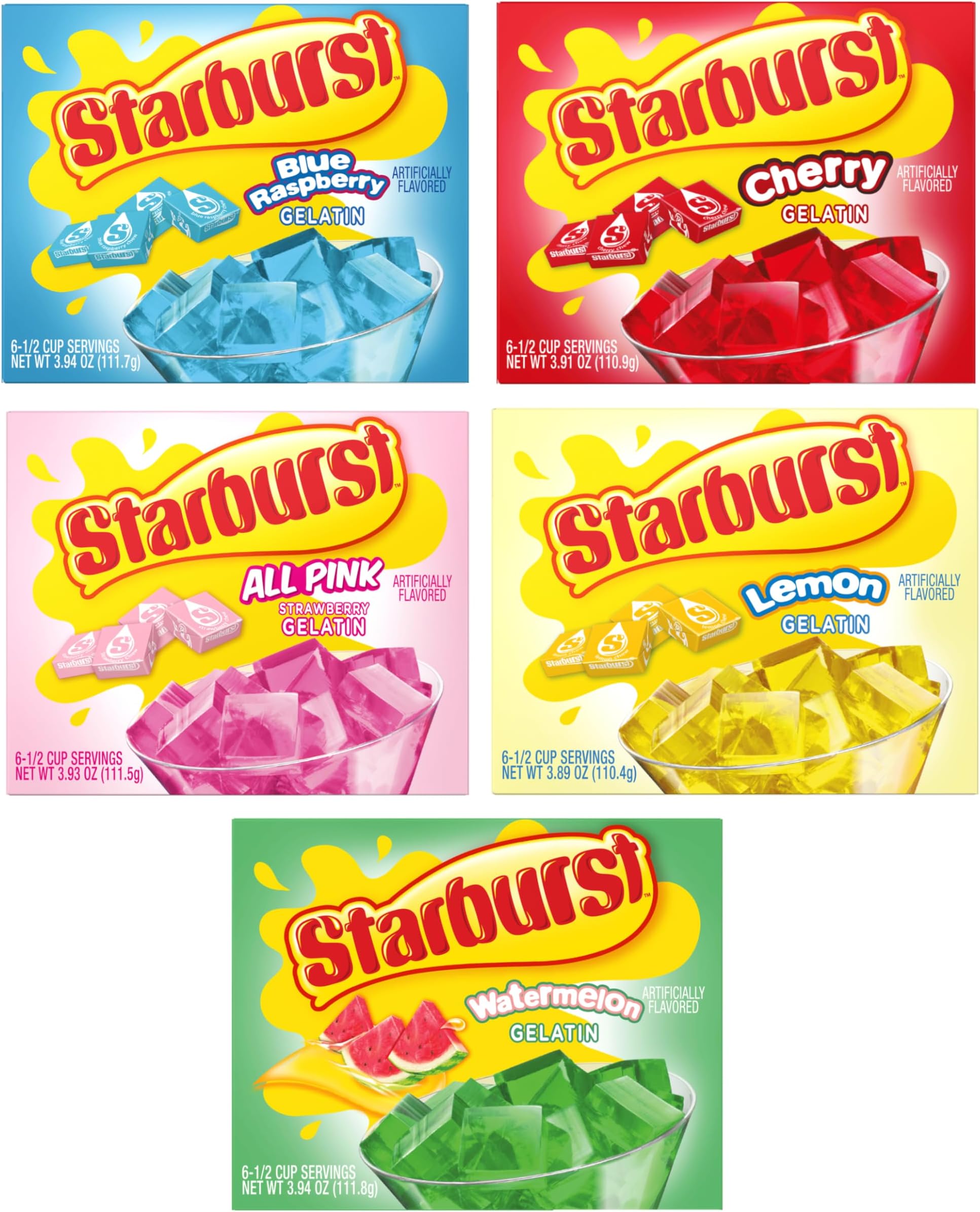 The Jel Sert Company Starburst Gelatin Variety Pack - Pack of 5 Flavors - Blue Raspberry, Watermelon, Lemon, All Pink Strawberry, and Cherry - Easy to Make - Fun and Delicious for Anything