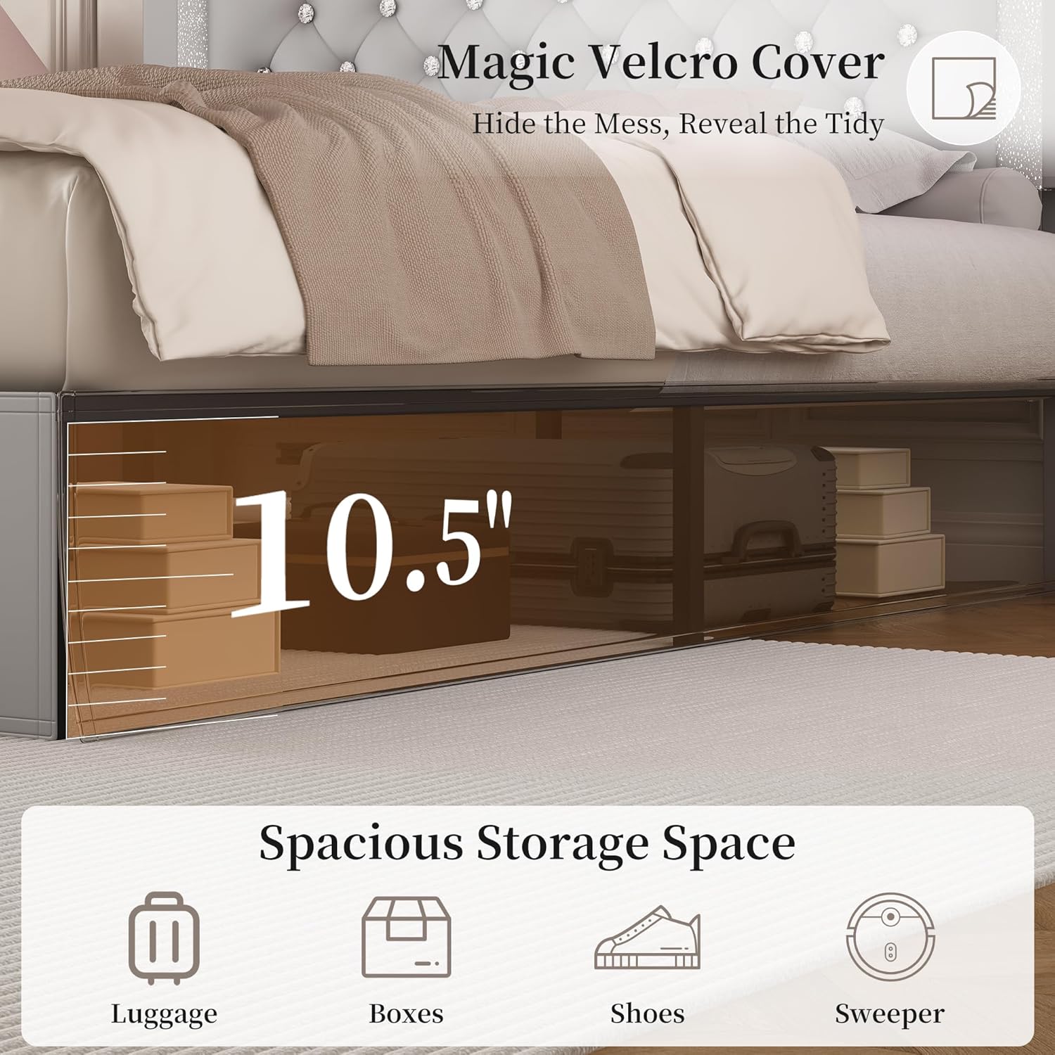 SIBEDS Queen Bed Frame with Adjustable Headboard, Upholstered Platform Bedframe with LED Lights and Skirt, Diamond Button Tufted Mattress Foundation with Wooden Slats Support, Easy Assembly, PU Grey