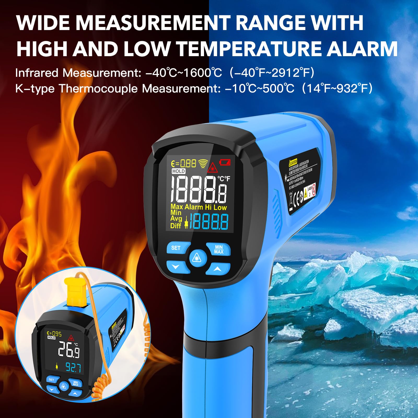Termómetro Infrarrojos MESTEK -40~1600℃ Medidor de Temperatura Sin Contacto con Emisividad Ajustable