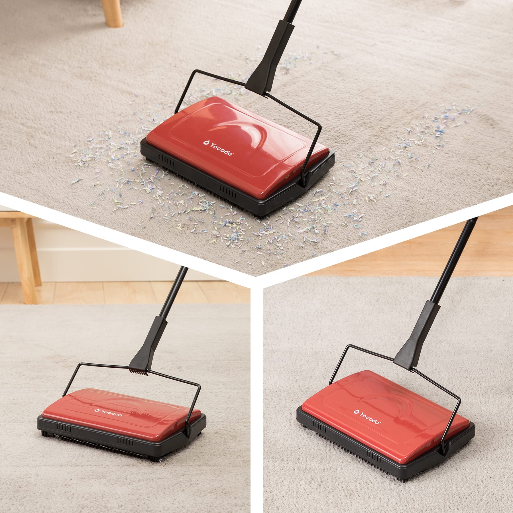 Yocada Nettoyeur de tapis pour la maison, le bureau, les tapis bas, les sous-poils, les poils d'animaux, la poussière, les restes de papier, les petits déchets avec une brosse, rouge foncé