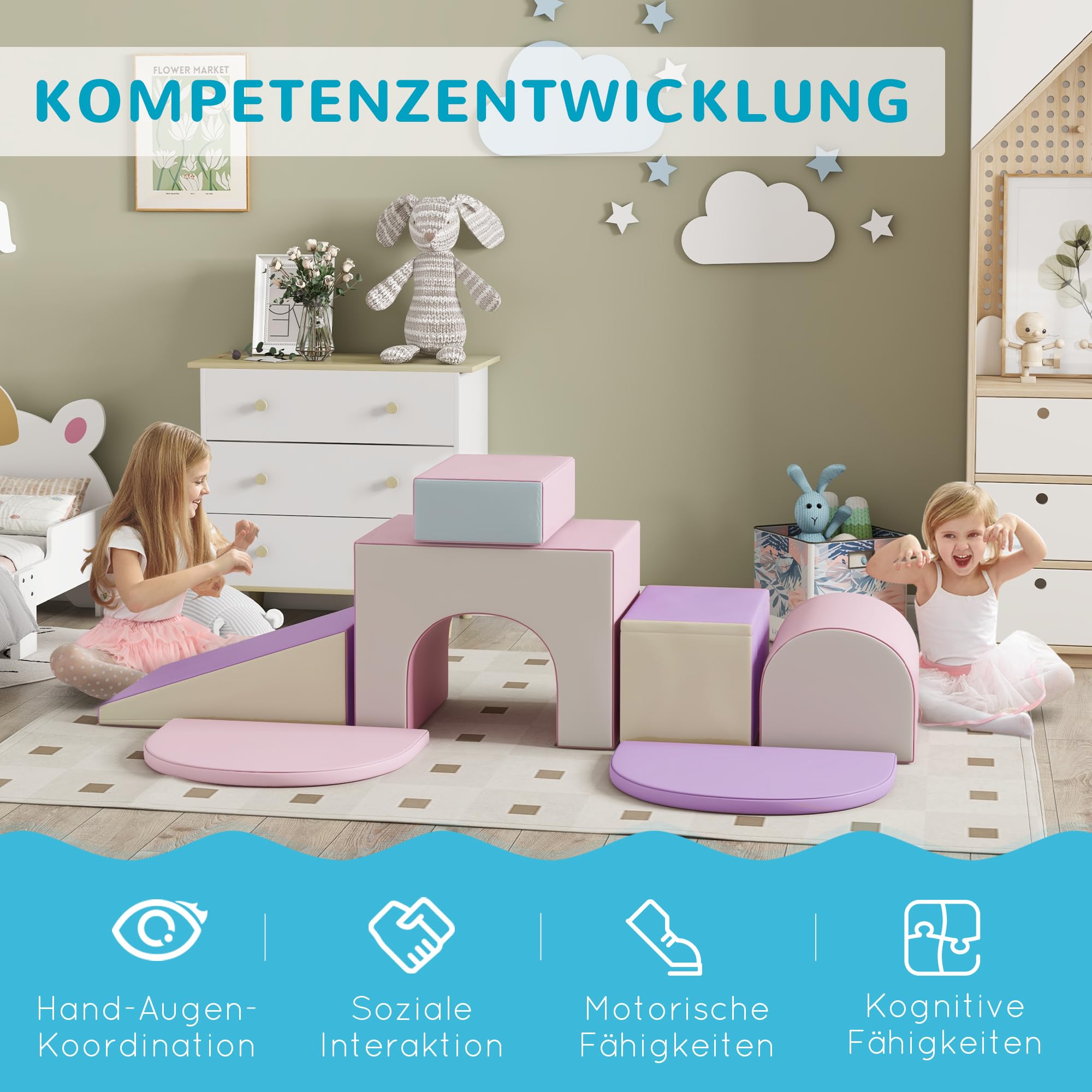 HOMCOM 7PCS Baby-Motorikmodul Baby-Motorikparcours Bauklötze aus EPE-Schaumstoff mit kunststoffbeschichtetem Bezug - Lernspielzeug für Vorschulkinder, mehrfarbig