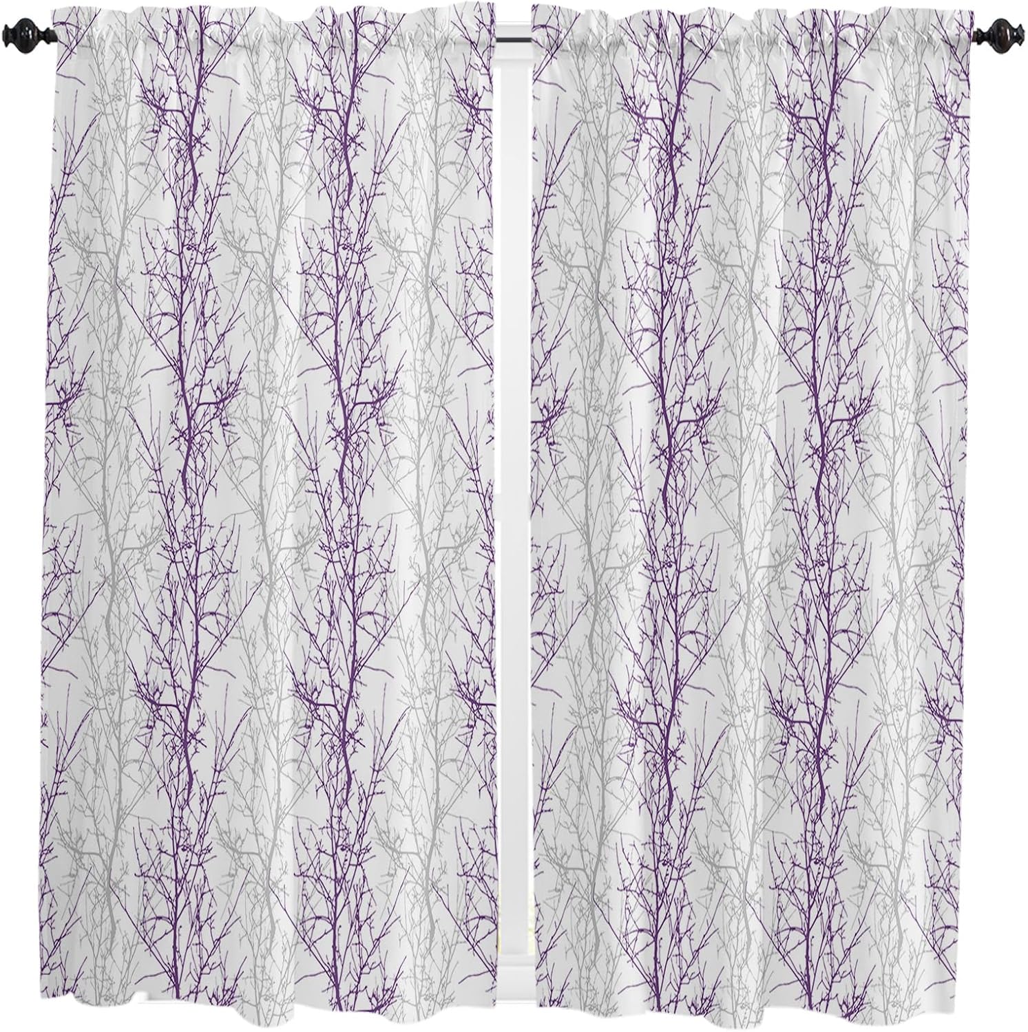 Purple Grey Branch Bathroom Window Curtain, Spring Summer Pastoral Botanical Light Filtering Coffee Kitchen Curtains, Bedroom Living Room Curtains 2 Panel 84"x63"