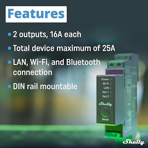 Miniatura 4 de Shelly Pro 2  Relé inteligente de 2 canales Wi-Fi, LAN y Bluetooth  Automatización del hogar y las instalaciones  Compatible con Alexa y Google Home