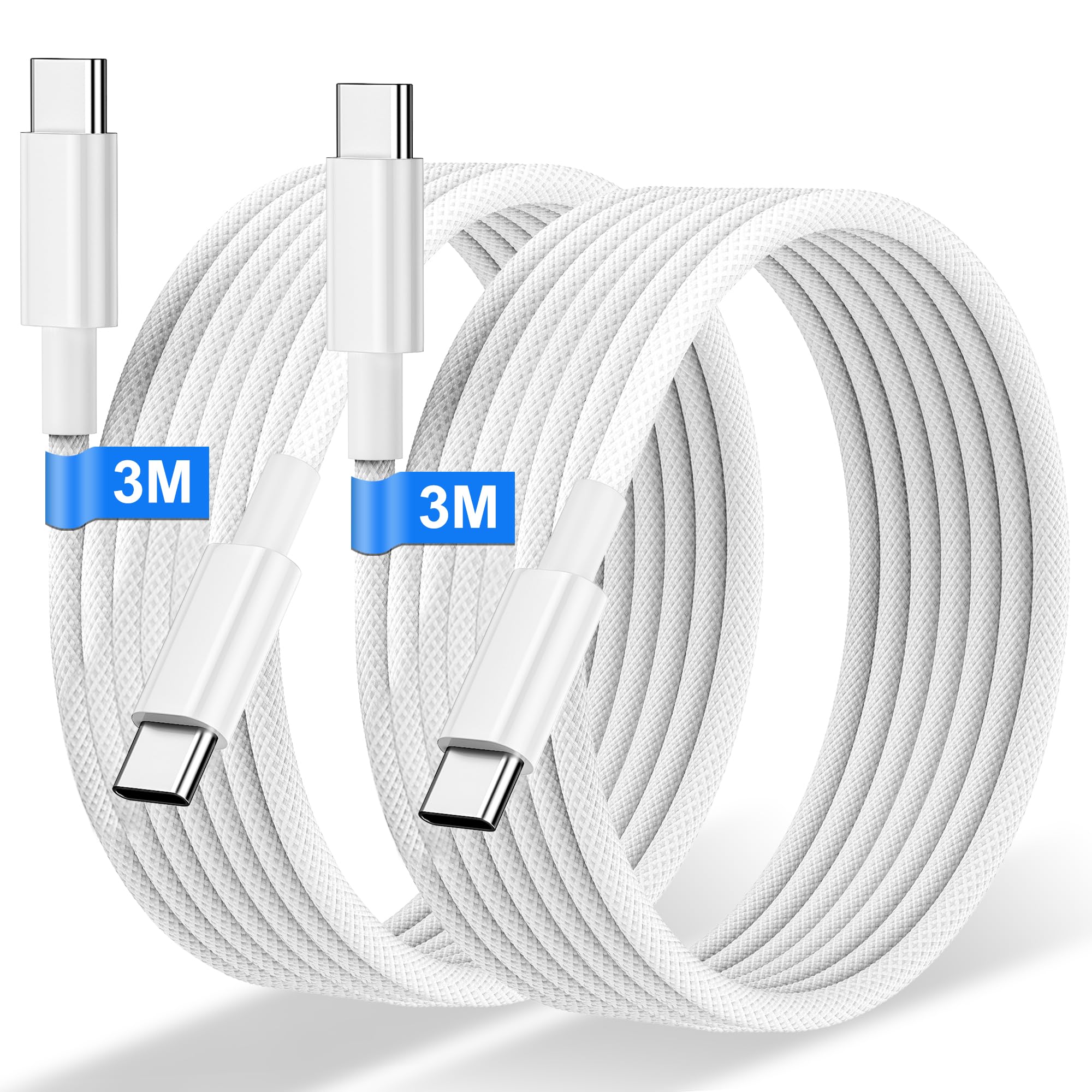 Cavo USB C USB C 2 Pezzi 3M, 60W Cavetto Caricatore Ricarica Rapida Nylon Filo Caricatore USB C per iPhone 16 15 Pro Plus Pro Max, Macbook Air, Pad Pro Air, Samsung Galaxy S24 S23, Huawei, Pixel 7