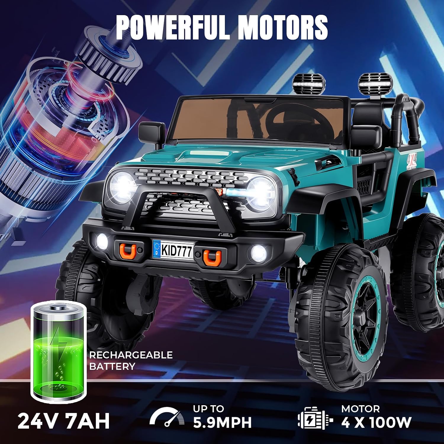 Hikole 24V Ride on Car for Kids,2 Seater Electric Truck with Remote Control, 4x100W Powerful Engine, 4WD/2WD Switchable, LED Headlight & Music Player, Battery Powered Ride on Toys for Boys Girls, Teal