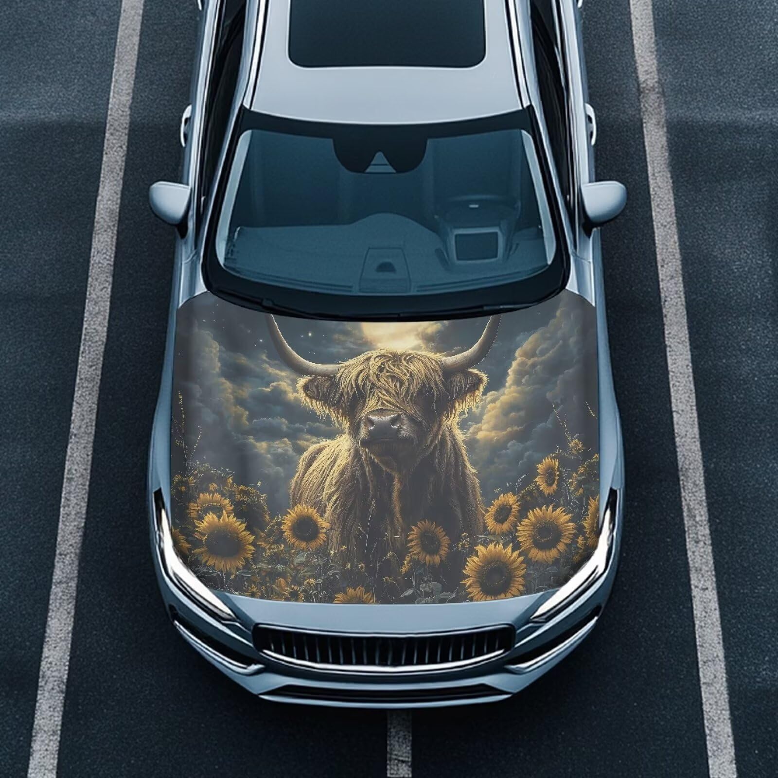 Elastic Polyester Car Hood Cover,A Removable Automotive Accessory with Easy Installation for Car Hood Decoration and Protection-Sunflower Cowhide