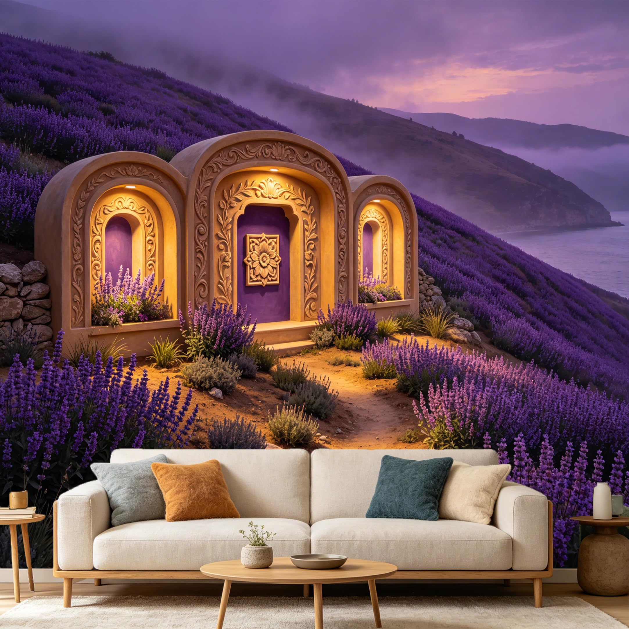 Custom Size Wall Mural， Lavender Field Sunset Coastal Hill Architecture， SelfAdhesive Art Prints wall Fabric Removable Large Wallpaper Home Living Room Decor