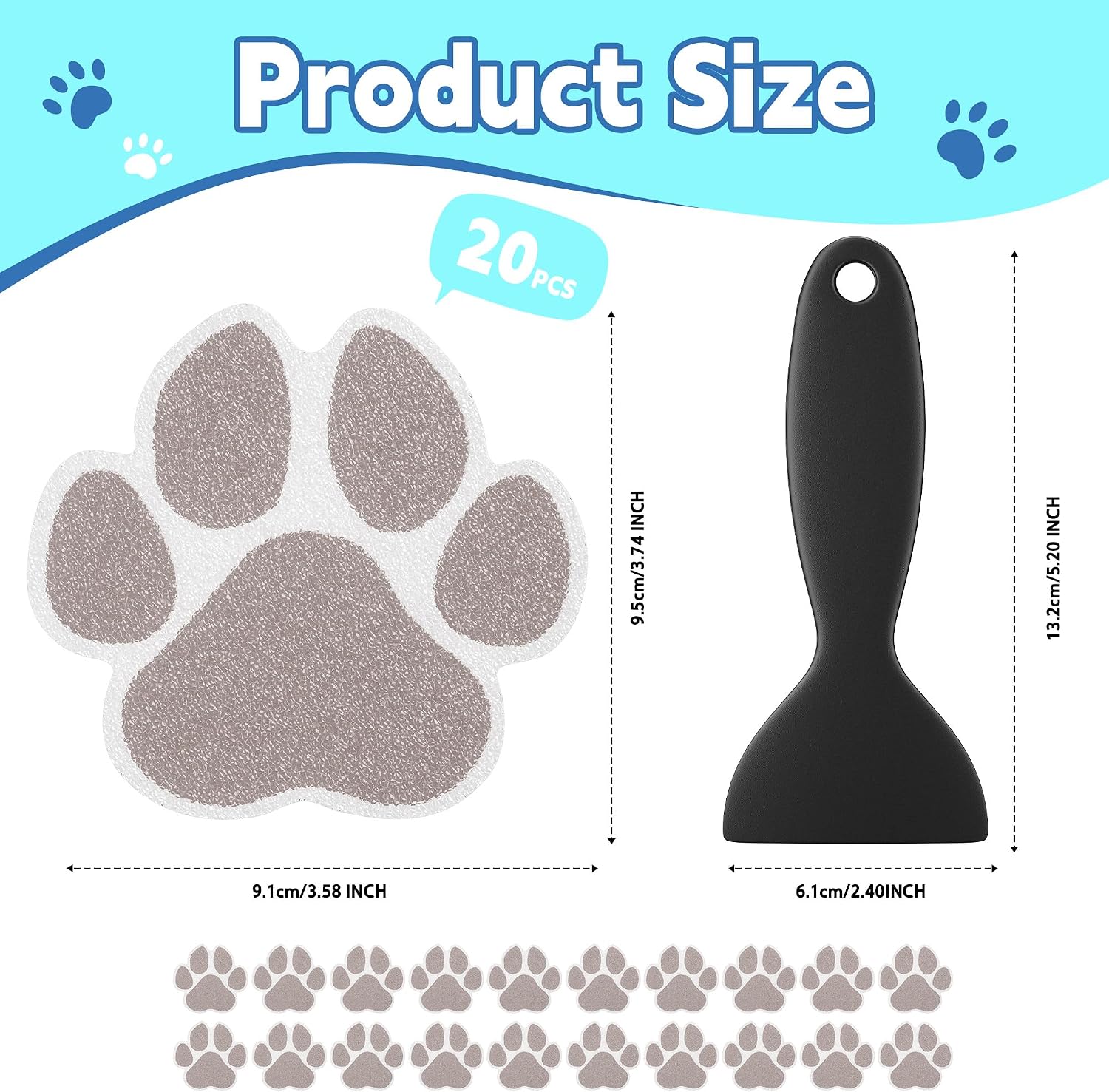 Secopad 20PCS Dog Paw Non Slip Bathtub Stickers with Scraper, Brown | Original Large Anti-Slip Decal, PEVA for Kids, Strong Adhesive, Easy to Use, For Bath Tubs, Showers & Stairs