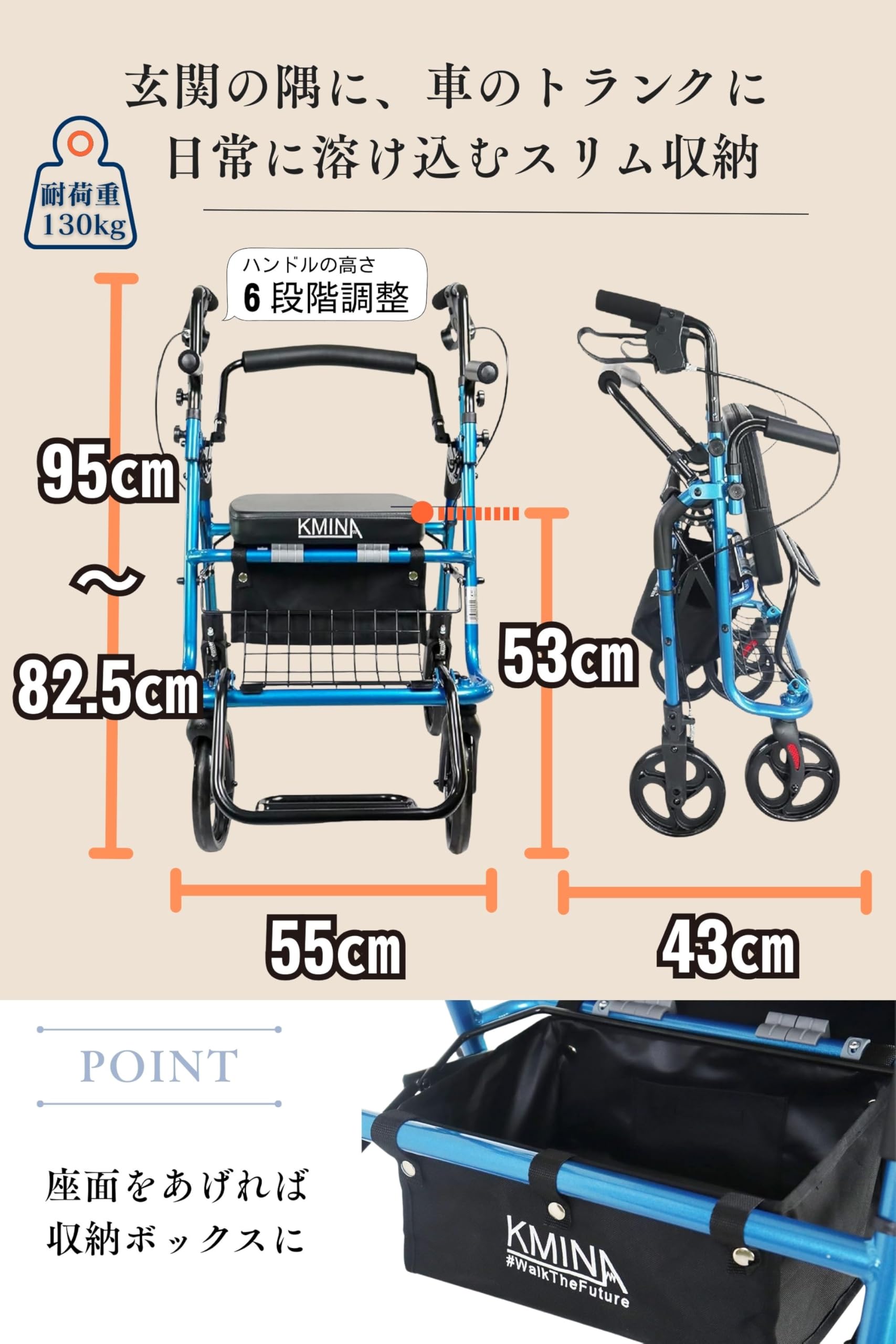 美品◎KMINA Walker 四輪歩行器 杖付き折りたたみチェア付属 Amazon | KMINA 歩行器 高齢者用 室内・室外兼用 介護用 多機能椅子 四