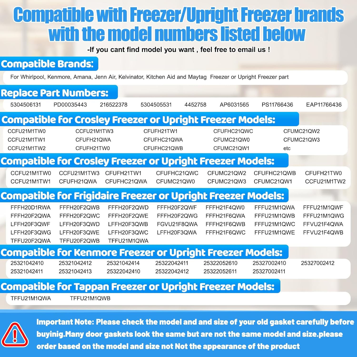 Upgraded 67.1"x33" 5304506131 Freezer Door Gasket Compatible with Frigidaire Kenmore Crosley Upright Freezer Door Seal 216522378 5304505531 4452758 AP6031565 PS11766436 EAP11766436 FFFH20D1RWA White