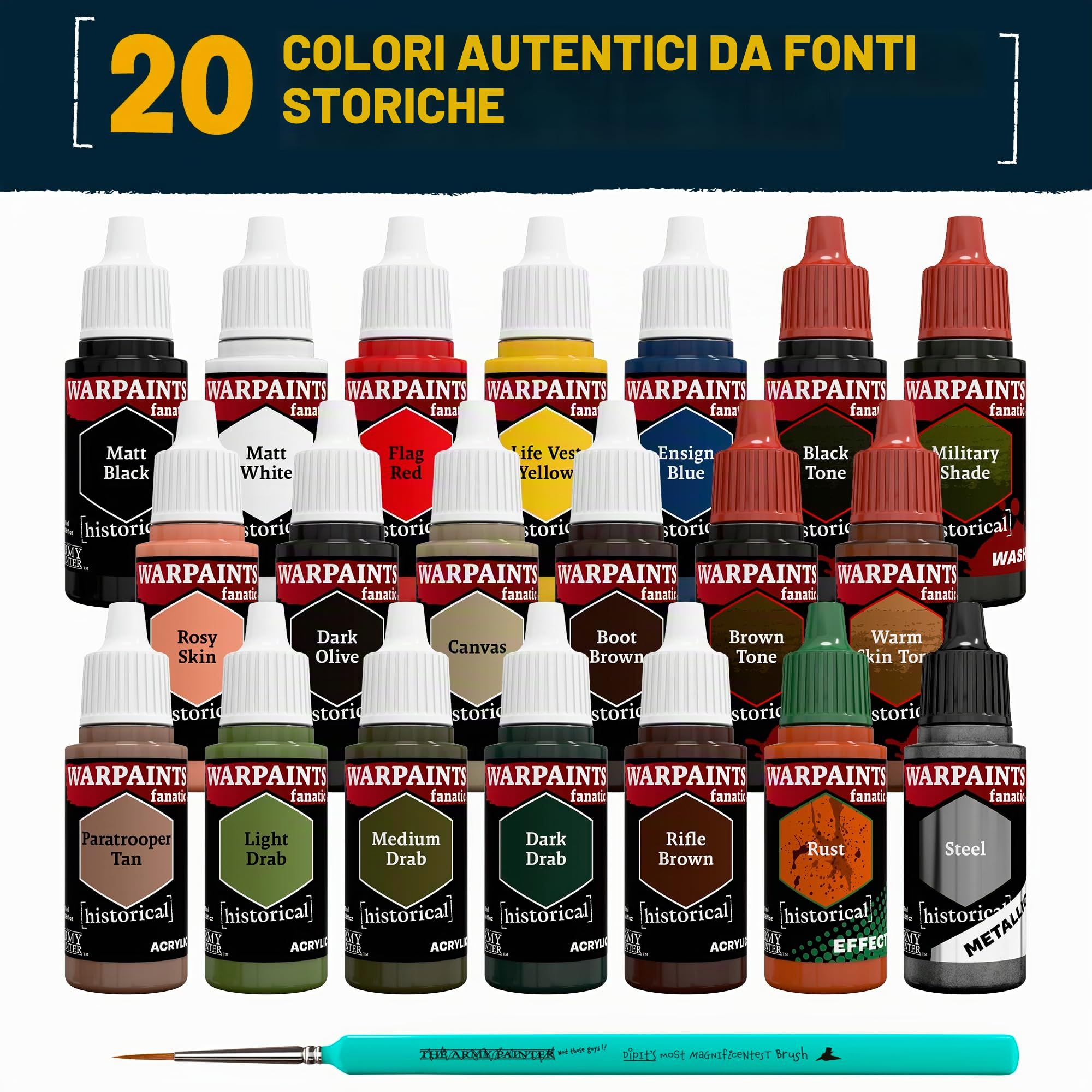 The Army Painter, Historical WWII American Paint Set Combo, 20 x 18 ml | 14 acrilici, 4 wash, 1 effetto, 1 metallico e 1 pennello, per miniature delle forze americane WWII