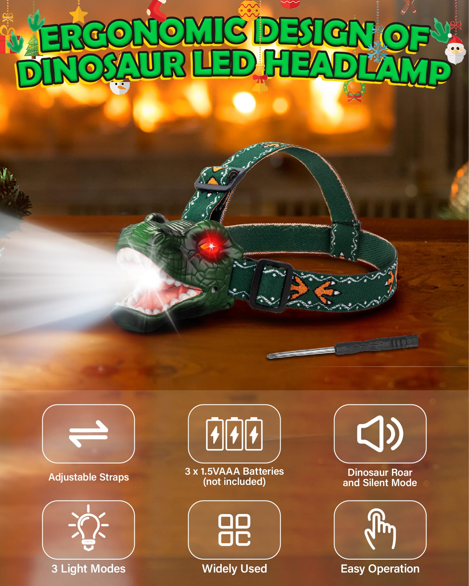 Lampada Frontale A LED A Forma Di Triceratopo Per Bambini - Leggera, Regolabile, Con 4 Modalità Di Luce (Fissa, Stroboscopica, Suono E Ruggito) - Perfetta Per Campeggio, Avventure All'Aperto E Regali Di Compleanno Per Bambini 3-12 Anni, Include Batterie - 4