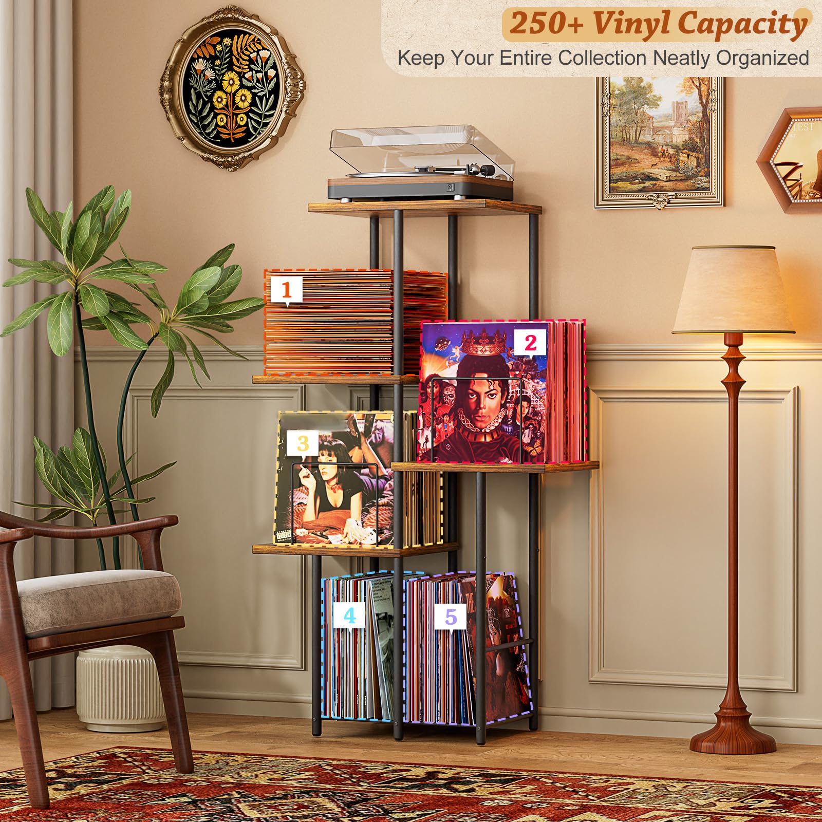 Bikoney Mid-Century Plattenspieler-Ständer mit Schallplatten-Regal | Vintage Plattenspielertisch mit LP-Trennfächern, Ablagefach, Vinyl Schallplatten-Aufbewahrung, Hoher Beistelltisch