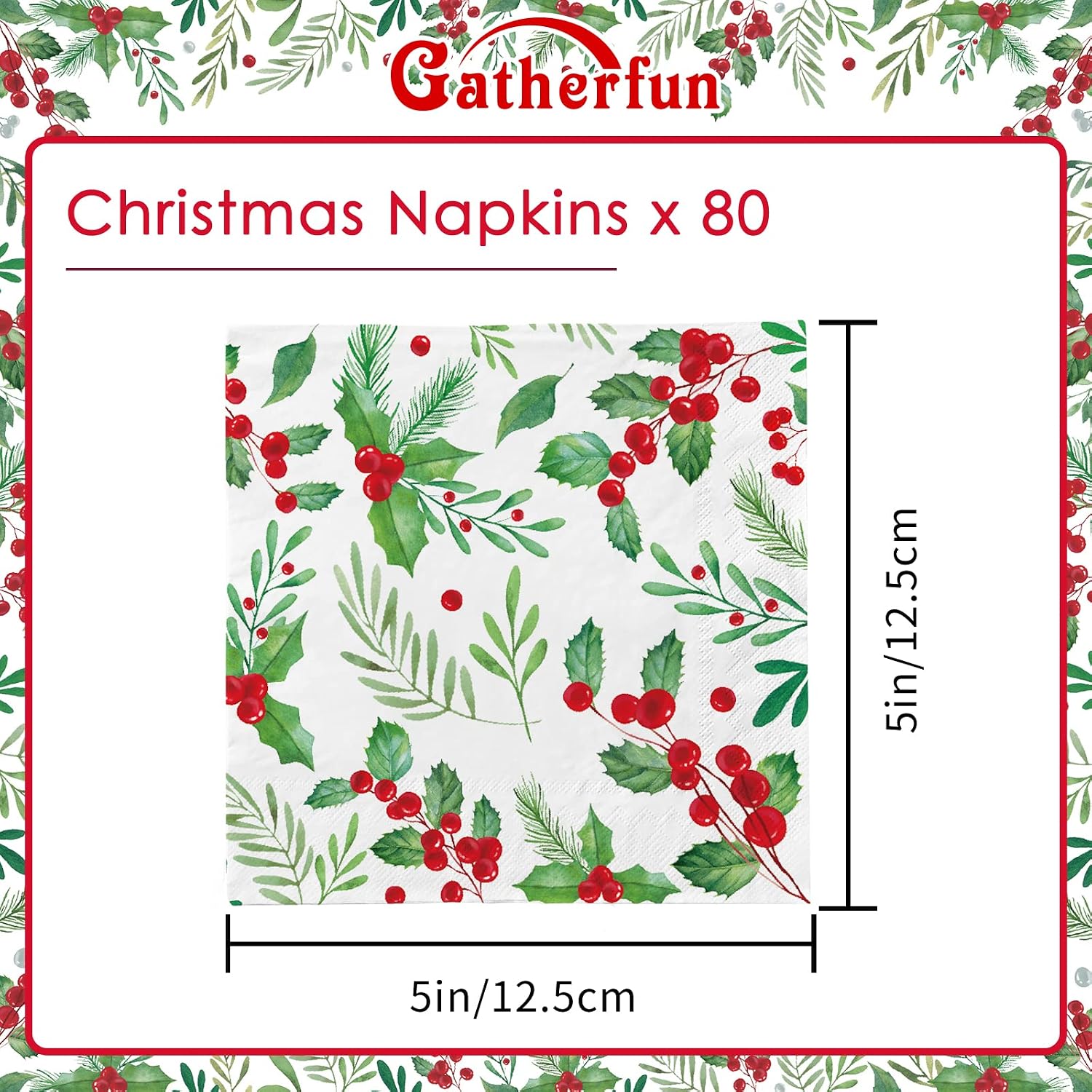 Christmas Party Supplies, Christmas Seasonal Holly Paper Beverage Napkins, Paper Cocktail Napkins for Party and Holiday Party Decorations