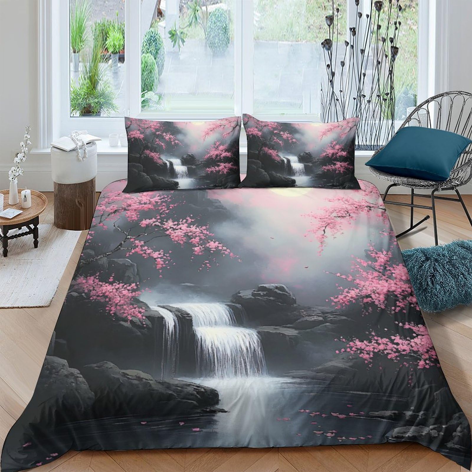 Ctjqhvkz Style-3 3D Printed Waterfall Pink Sakura Fitted Sheet Microfiber Soft Anti-Slip Bed Cover For Bedroom Guest Room Decor Single（135X200cm）