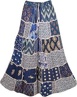 Mogul Interior Women Long Patchwork Skirts Blue Rayon A-Line Flare Maxi Skirt S/M