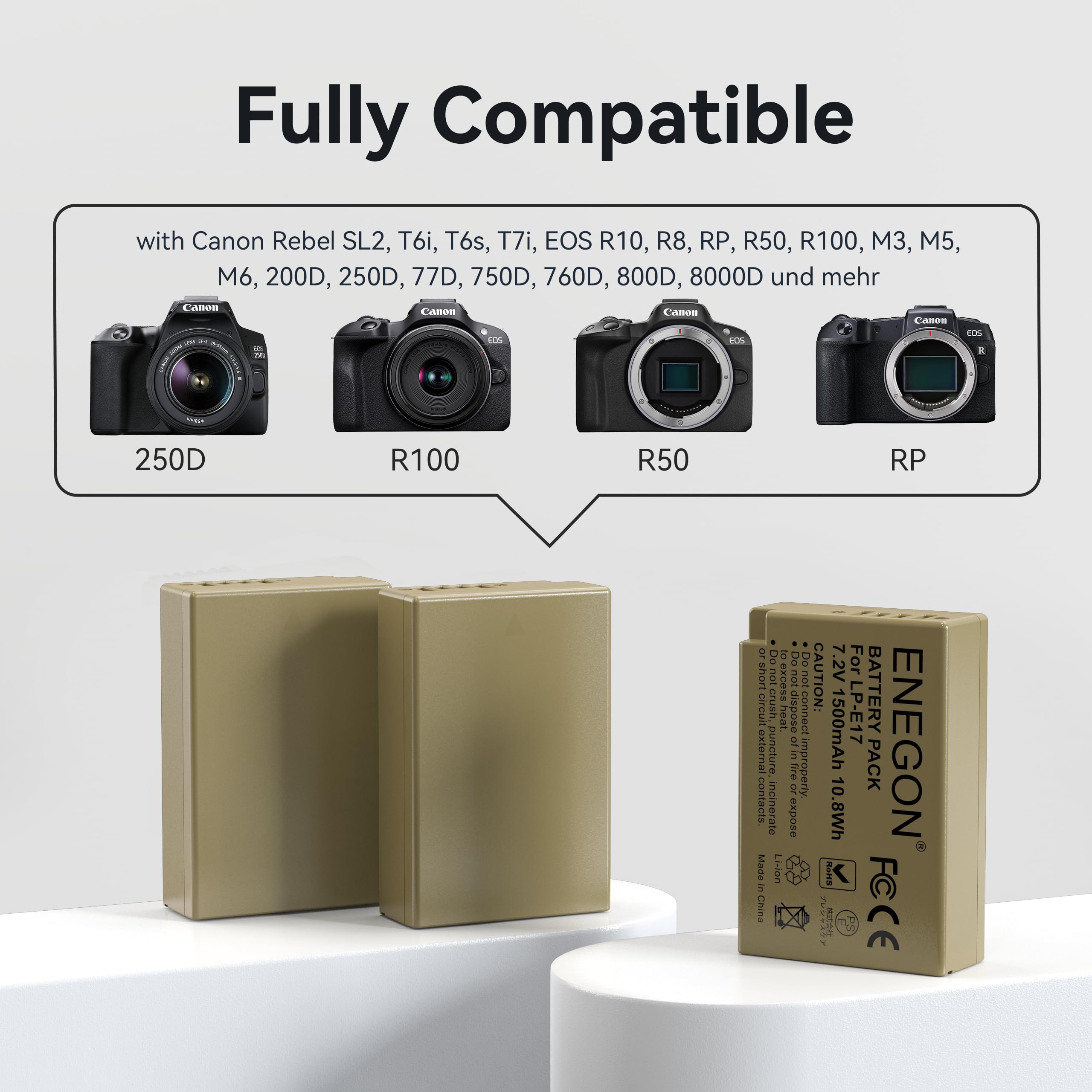 ENEGON 3-Pack LP-E17 1500mAh Batteries + Chargeur LCD à 3 Emplacements, Compatible avec Canon EOS R10, R8, RP, R50, R100, M3, M5, M6, EOS 200D, 250D, 750D, 760D, 800D, 850D, RP