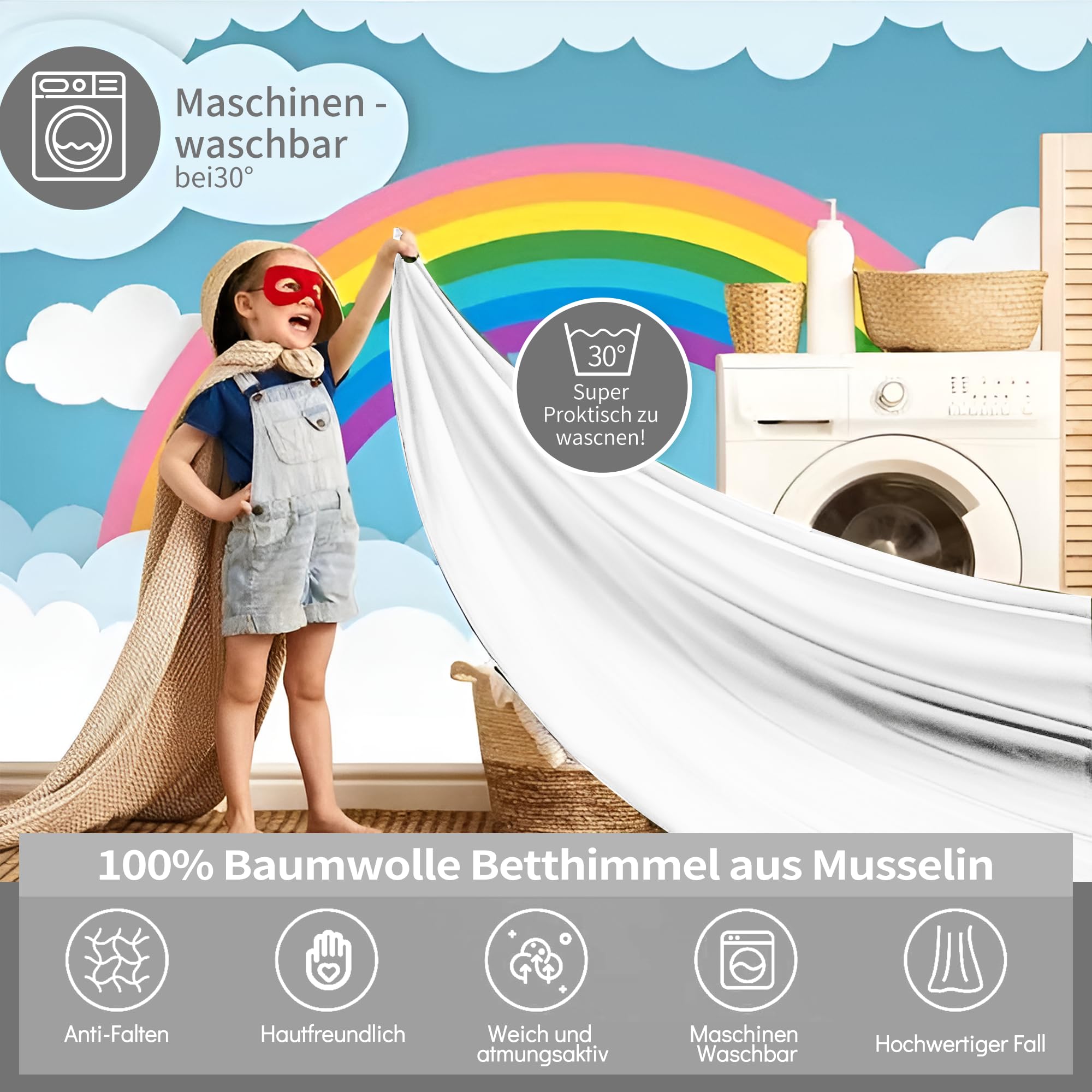 iLuane Hausbett Himmel aus 100% Baumwolle Musselin – Stoffhimmel Deko mit Schleifen – Betthimmel für Hausbett – Vorhang aus Musselin Stoff – Himmel Dekoration in 6 Farben & 4 Größen