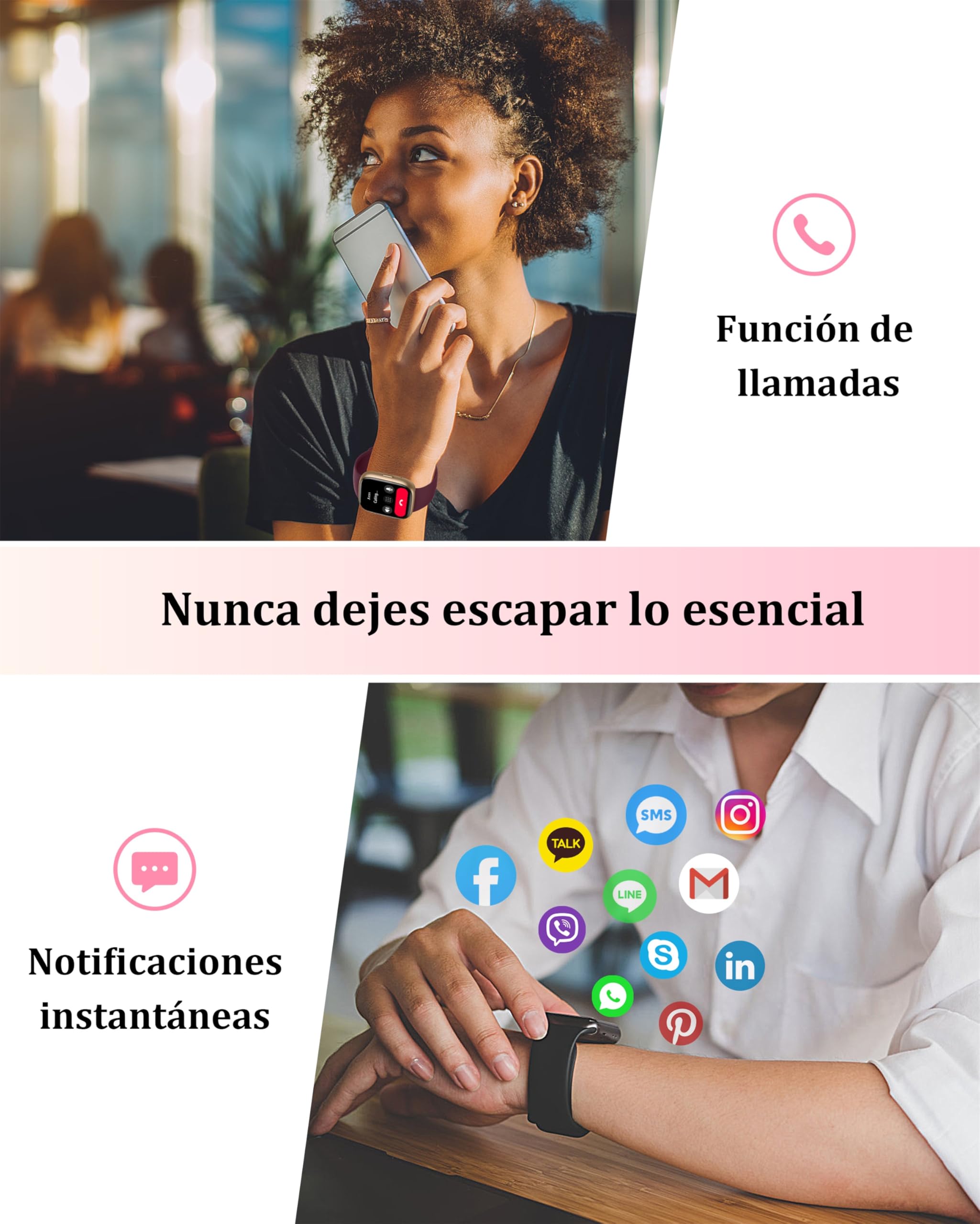 KALINCO Reloj Inteligente Mujer Hombre con Alexa, IP68 Smartwatch Deportivo Recibir Whatsapp y Llamadas, Podómetro Monitor Estrés, Sueño y Ritmo Cardíaco Drenaje de Agua Reloj Mujer Android iOS