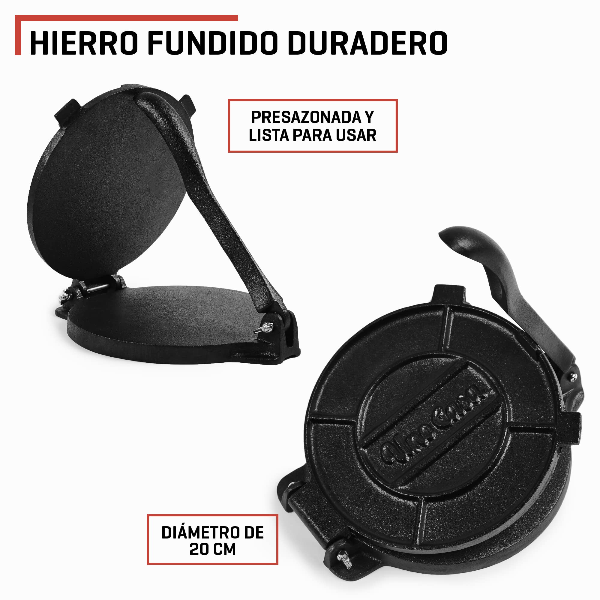 Uno Casa Prensa de tortilla de hierro fundido, 8 pulgadas, máquina de tortillas presazonadas para tortillas de maíz con 100 piezas de papel pergamino – Máquina Roti Maker Chapati, prensa de tacos,